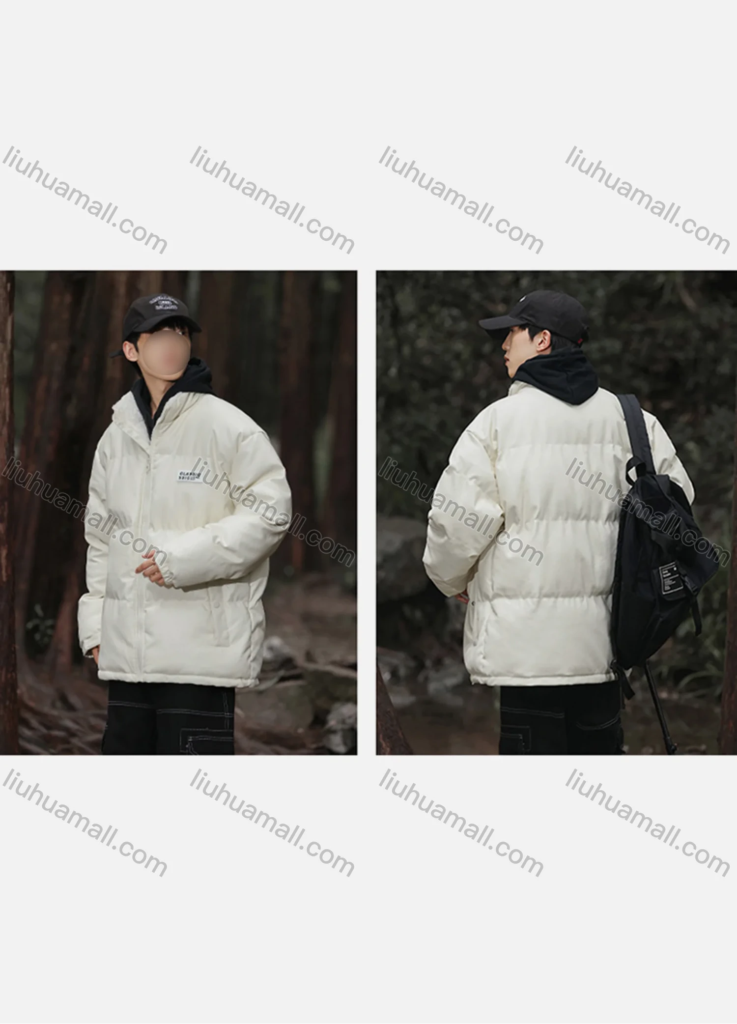 Wholesale Men's Fashion Plain Zip Up Patch Pocket Stand Collar PU Leather Cotton-Padded Puffer Jacket 6-2368# - Liuhuamall