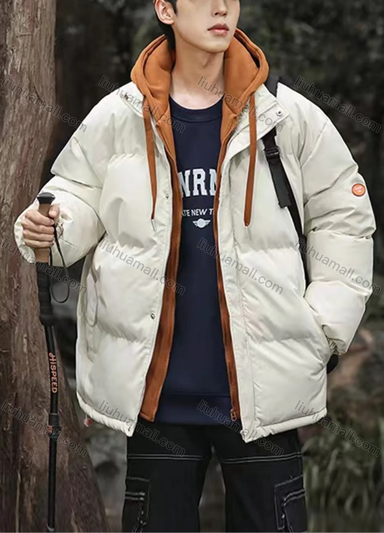 Wholesale Men's Casual Plain 2 in 1 Hooded Patch Pocket Drawstring Cotton-Padded Puffer Jacket 6-2398# - Liuhuamall