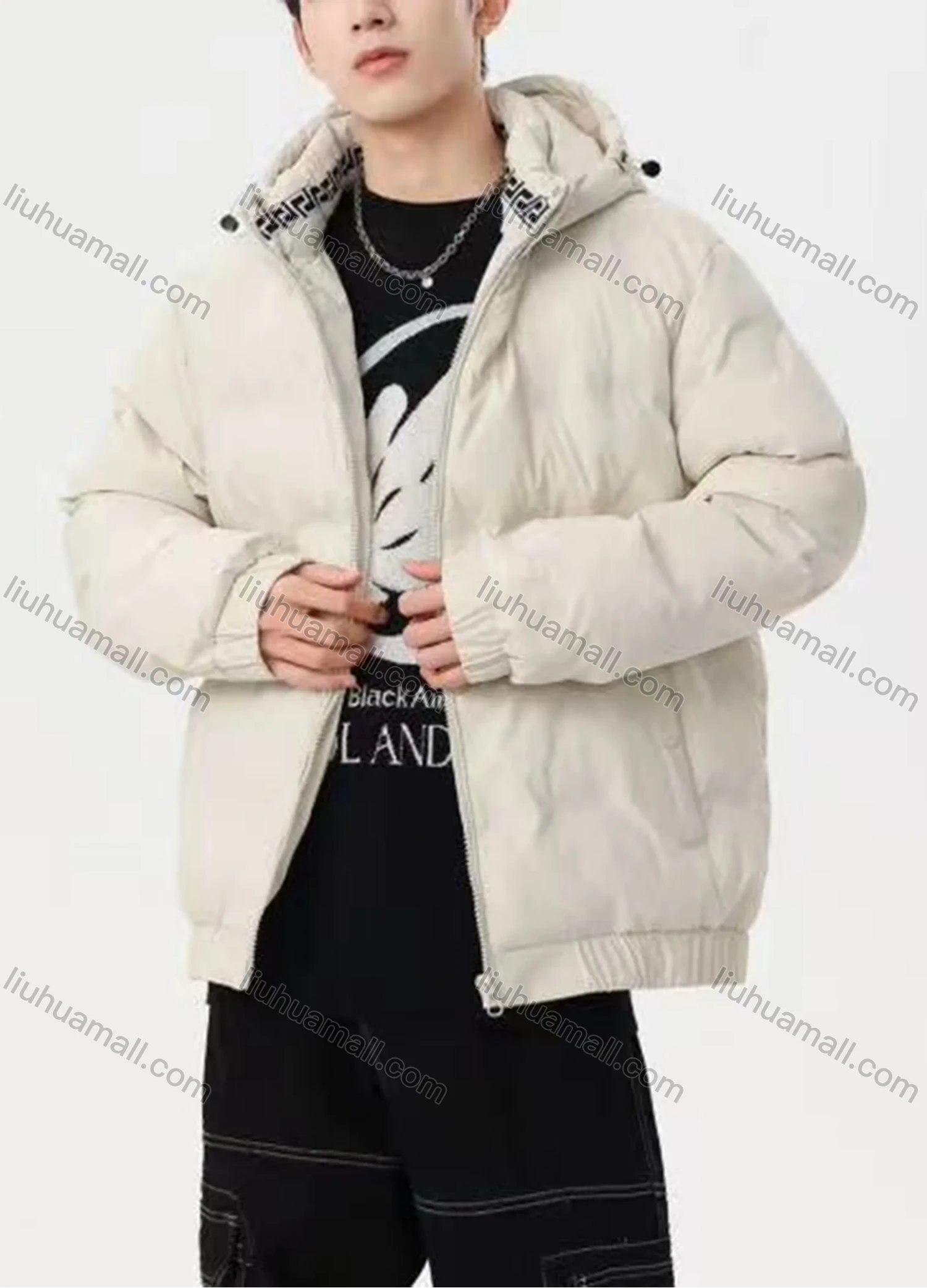 Wholesale Men's Casual Plain Hooded Patch Pocket Zip Up Cotton-Padded Puffer Jacket 6-2616# - Liuhuamall