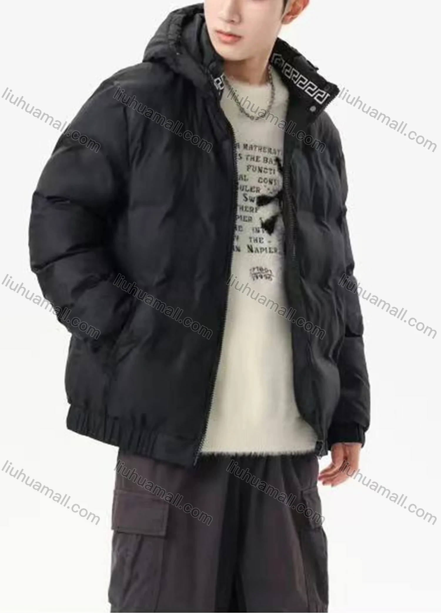 Wholesale Men's Casual Plain Hooded Patch Pocket Zip Up Cotton-Padded Puffer Jacket 6-2616# - Liuhuamall