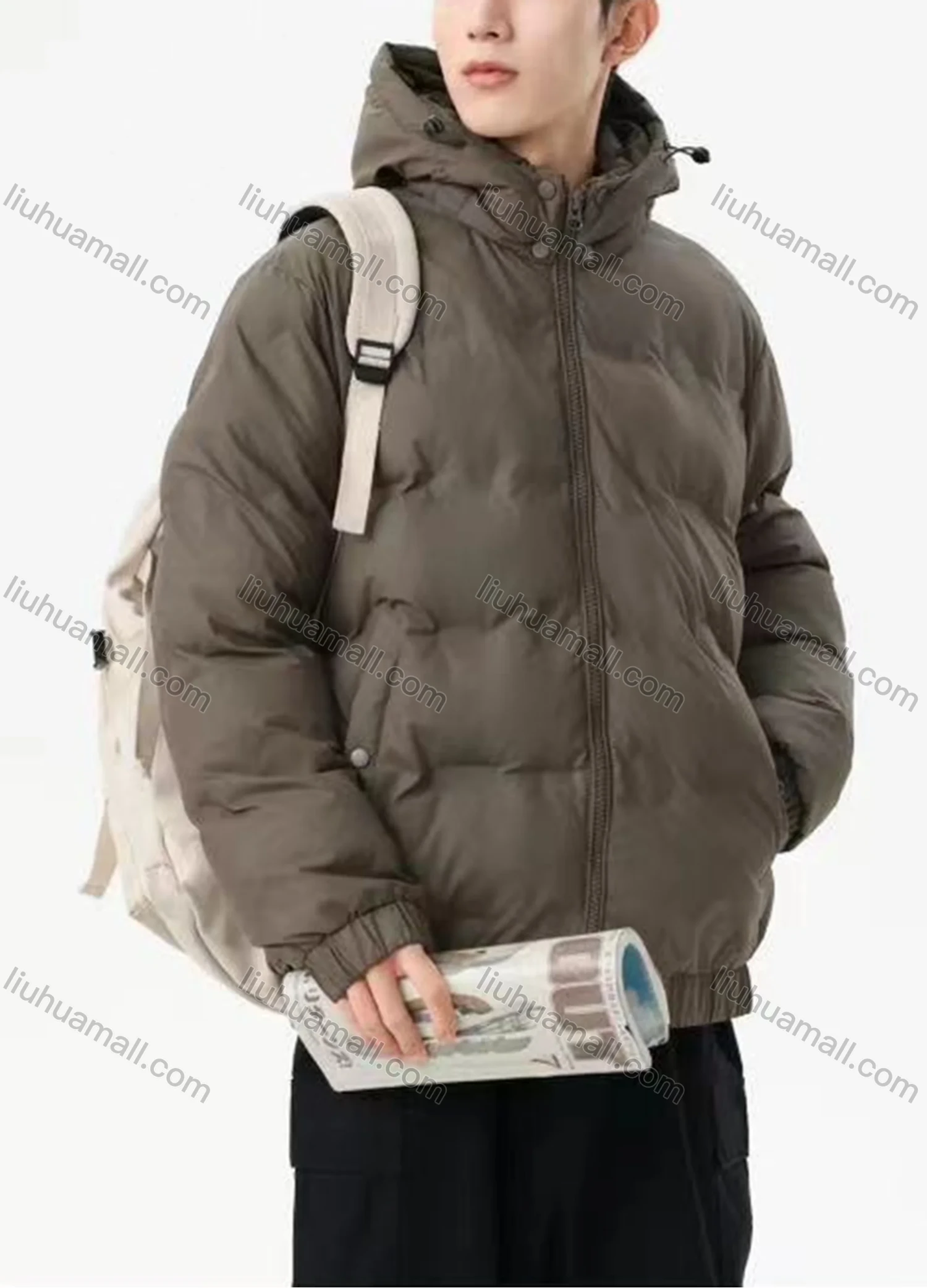 Wholesale Men's Casual Plain Hooded Patch Pocket Zip Up Cotton-Padded Puffer Jacket 6-2616# - Liuhuamall