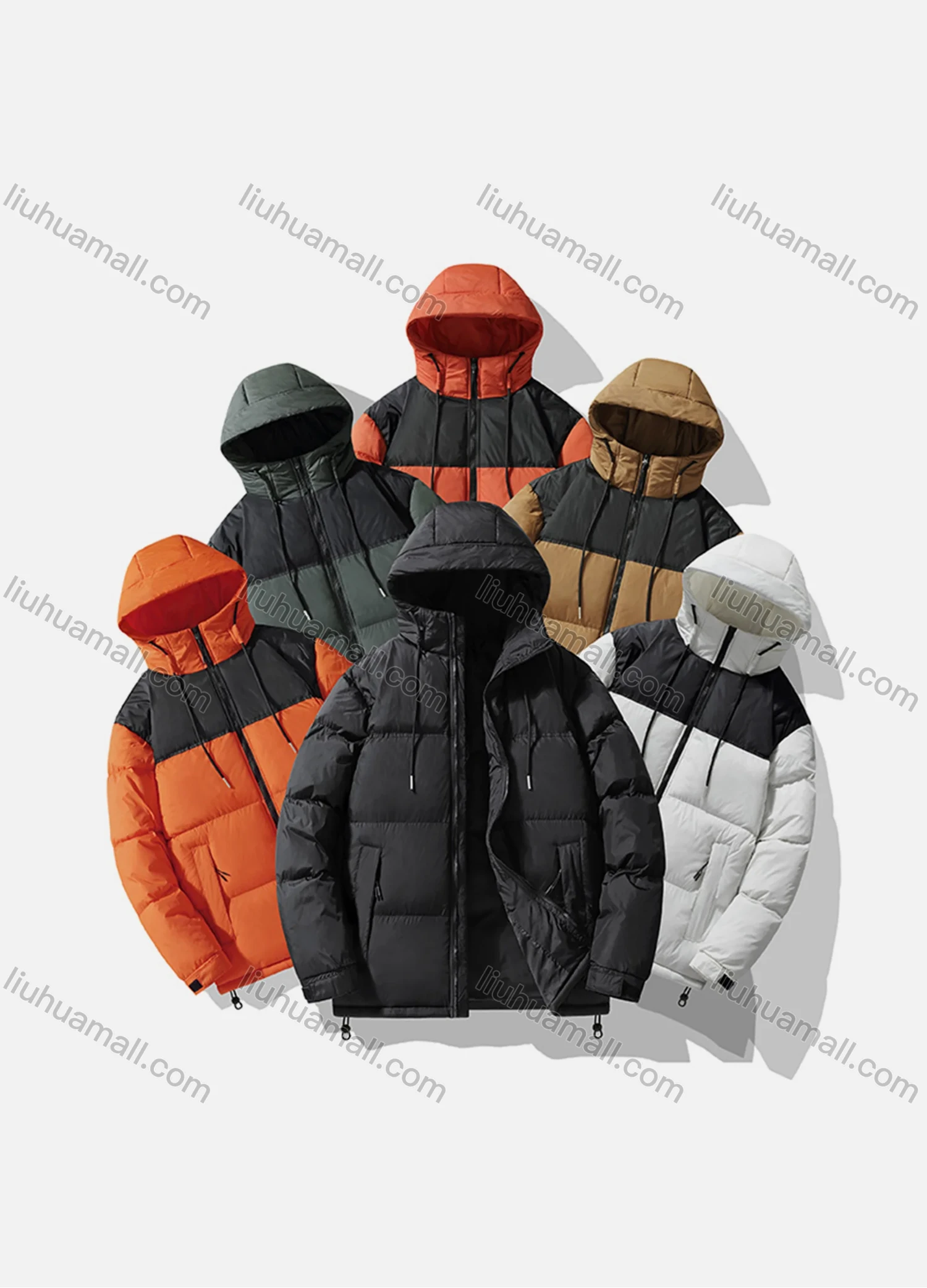 Wholesale Men's Casual Colorblock Hooded Drawstring Patch Pocket Zip Up Cotton-Padded Puffer Jacket 6-9988# - Liuhuamall