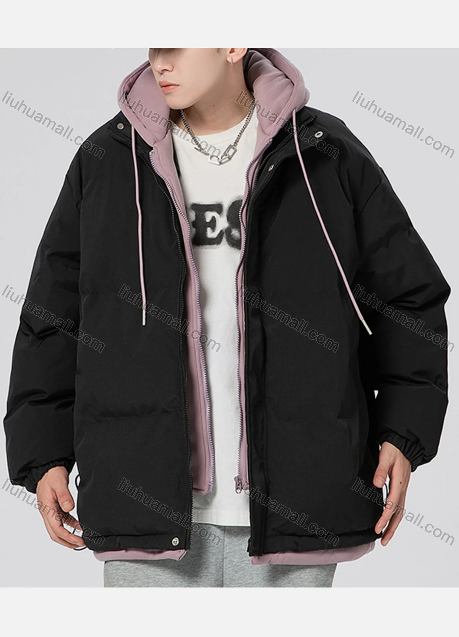 Wholesale Men's Casual Plain 2 in 1 Hooded Patch Pocket Drawstring Cotton-Padded Puffer Jacket 2209# - Liuhuamall