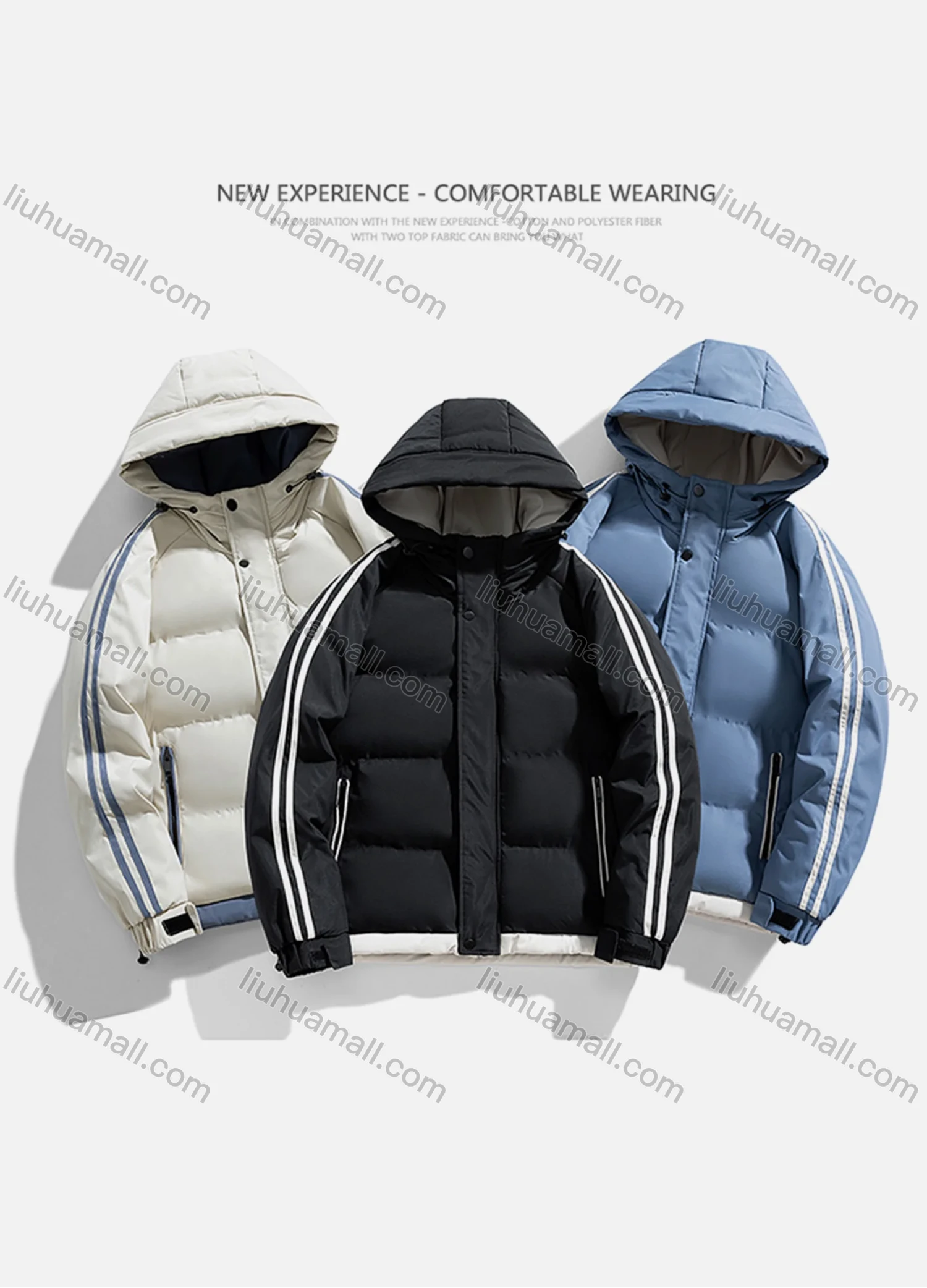 Wholesale Men's Casual Plain Hooded Patch Pocket Striped Trim Zip Up Cotton-Padded Puffer Jacket 8836# - Liuhuamall