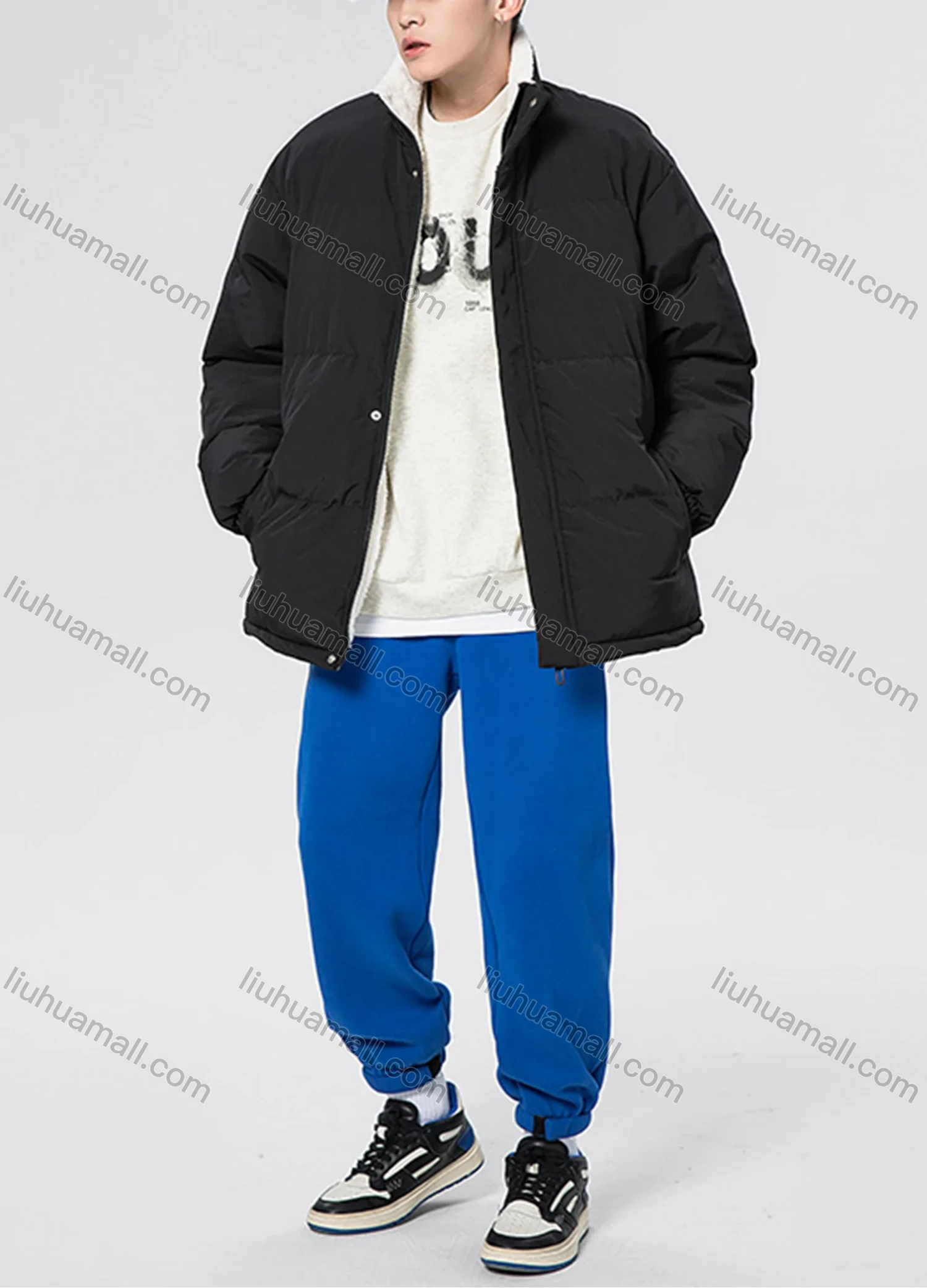 Wholesale Men's Casual Plain Stand Collar Patch Pocket Zip Up Cotton-Padded Puffer Jacket 9001# - Liuhuamall