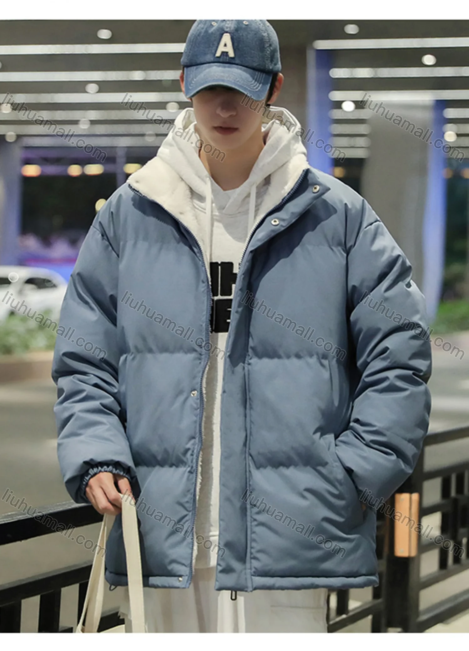 Wholesale Men's Casual Plain Stand Collar Patch Pocket Zip Up Cotton-Padded Puffer Jacket 9001# - Liuhuamall