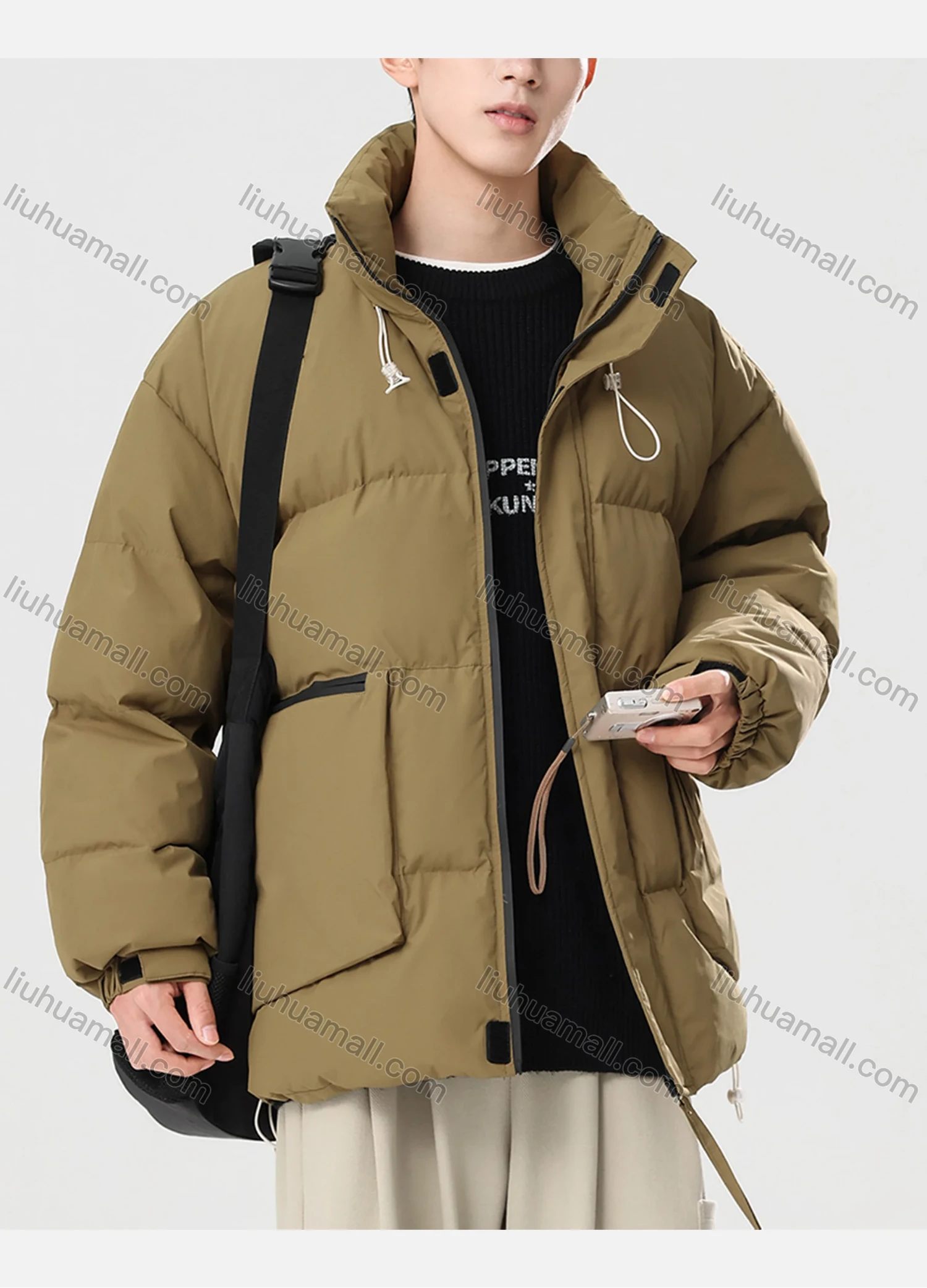Wholesale Men's Casual Plain Zipper Pockets Stand Collar Zip Up Cotton-Padded Puffer Jacket B8988# - Liuhuamall