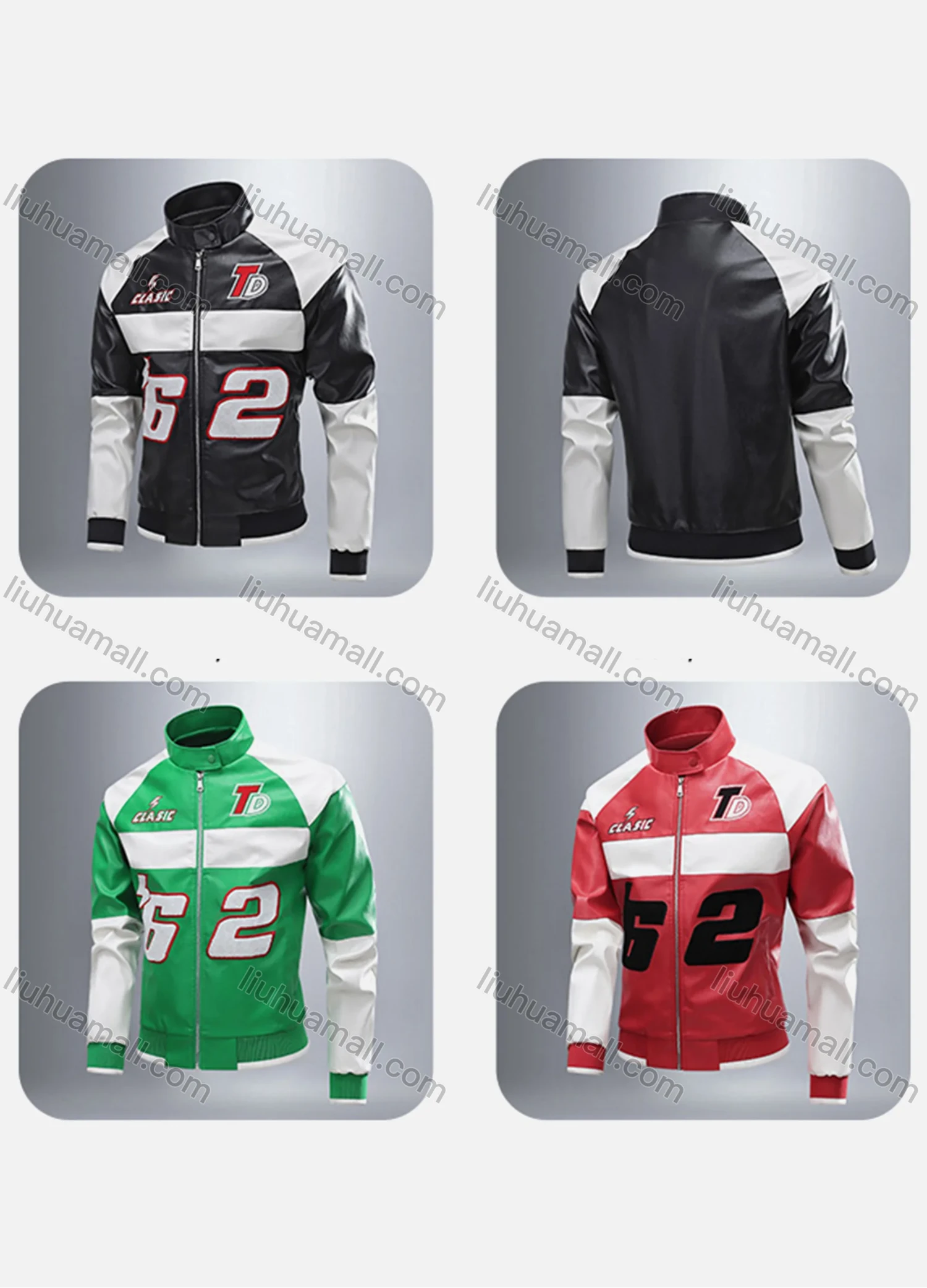 Wholesale Unisex Trendy Letter Colorblock Contrast Stand Collar Long Sleeve Street Patch Pocket Leather Biker Jacket 681# - Liuhuamall