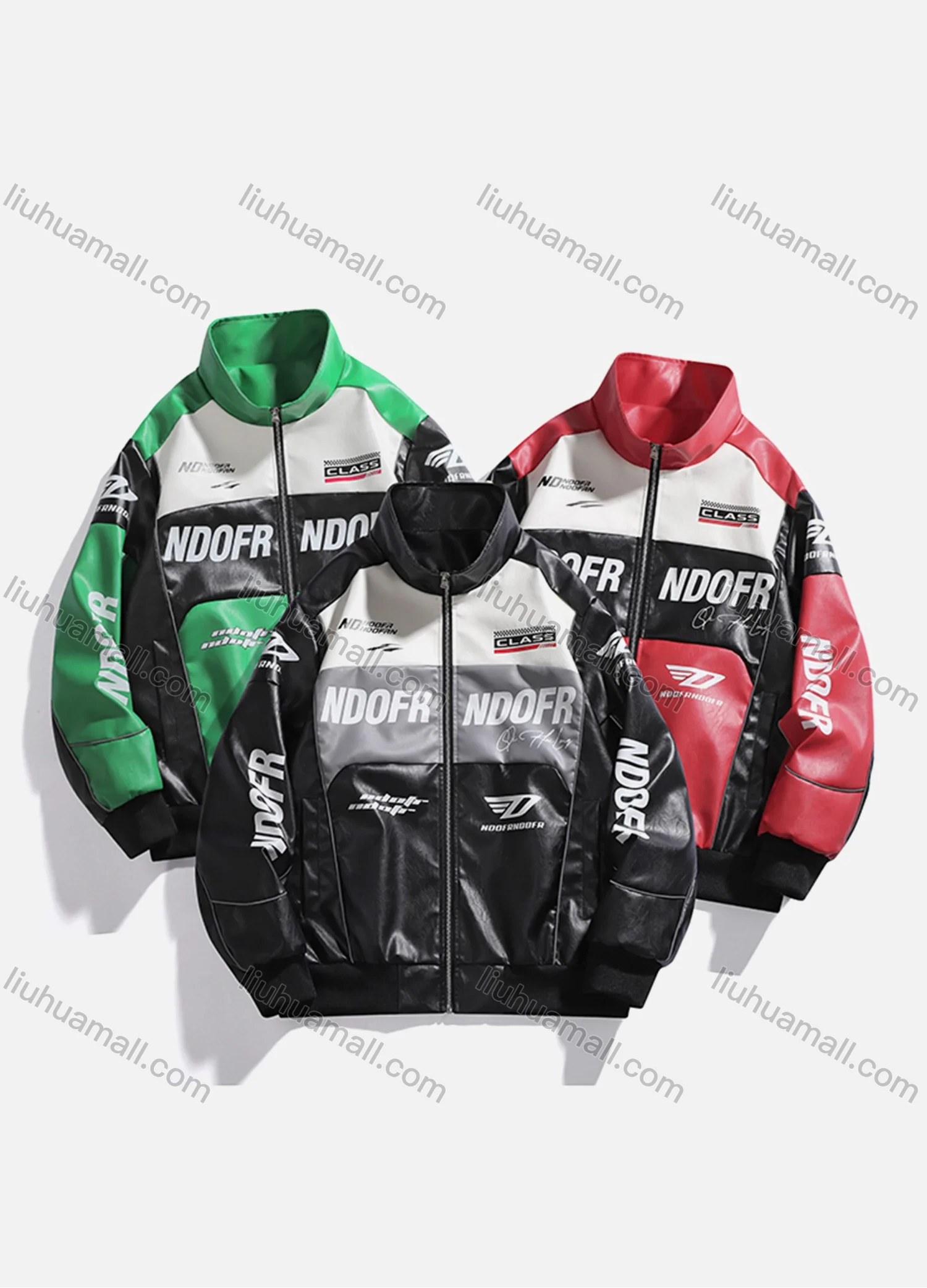 Wholesale Unisex Trendy Letter Colorblock Contrast Stand Collar Long Sleeve Street Patch Pocket Leather Biker Jacket 688# - Liuhuamall