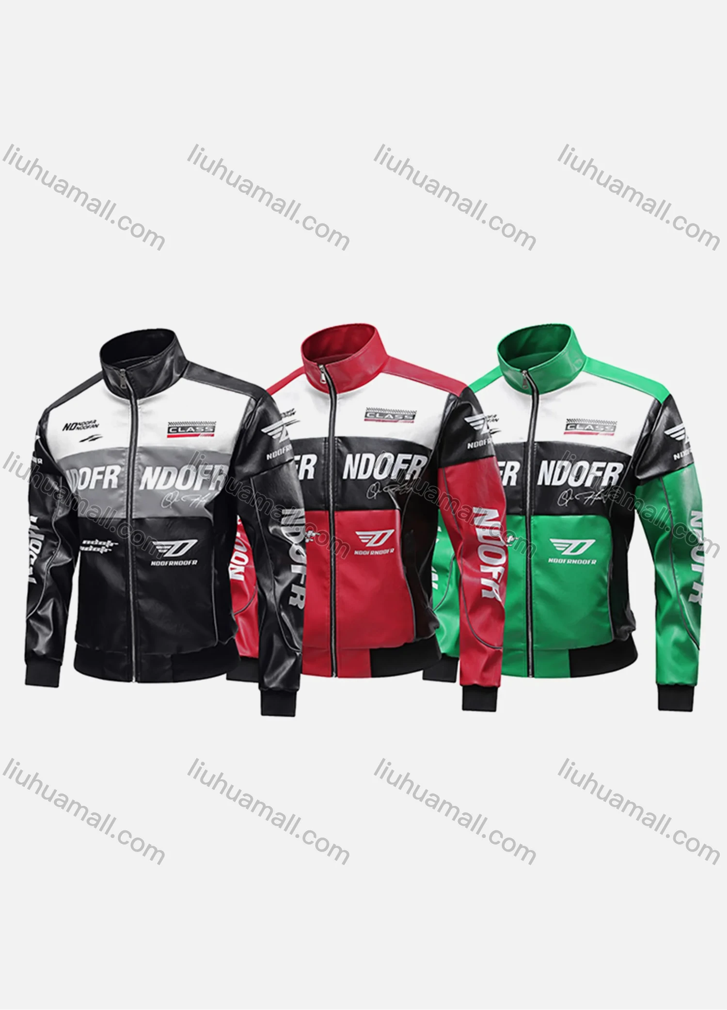 Wholesale Unisex Trendy Letter Colorblock Contrast Stand Collar Long Sleeve Street Patch Pocket Leather Biker Jacket 688# - Liuhuamall