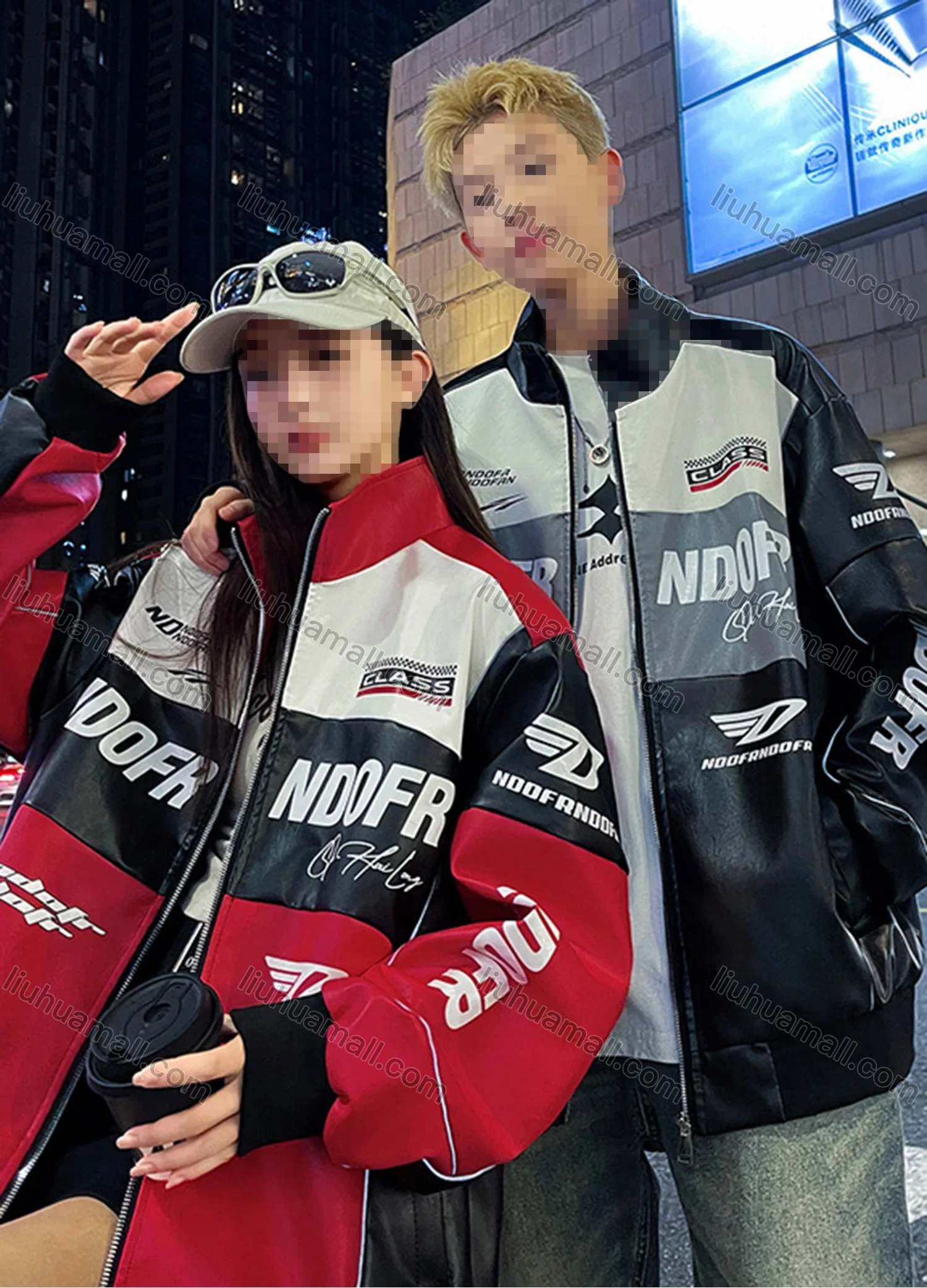 Wholesale Unisex Trendy Letter Colorblock Contrast Stand Collar Long Sleeve Street Patch Pocket Leather Biker Jacket 688# - Liuhuamall