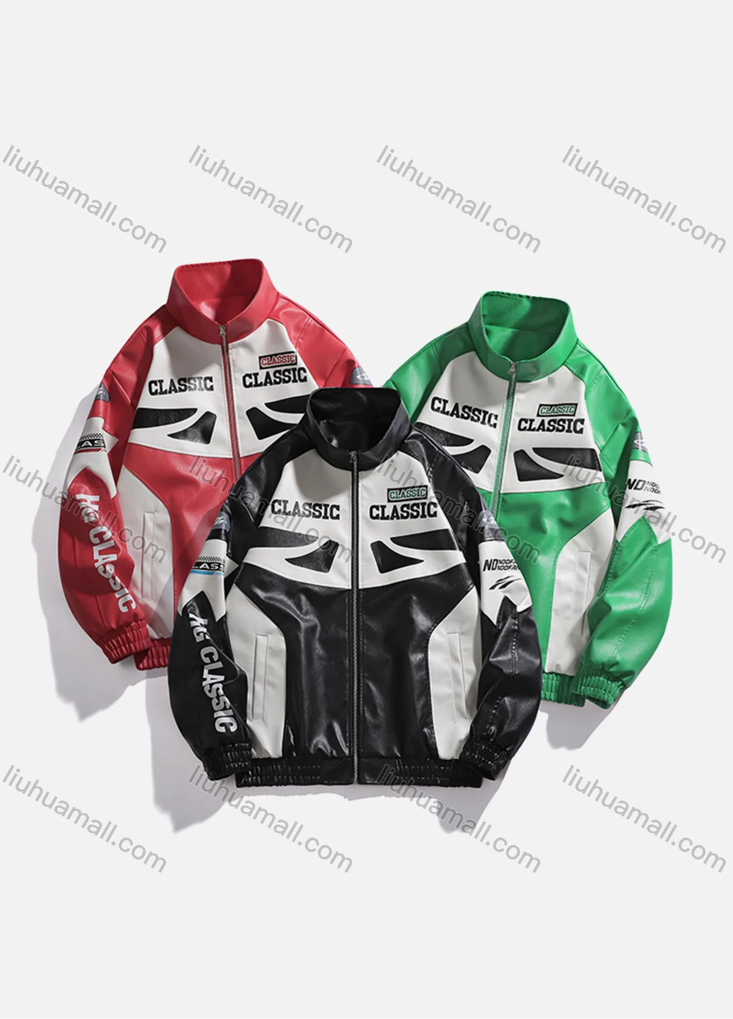 Wholesale Unisex Trendy Letter Colorblock Contrast Stand Collar Long Sleeve Street Patch Pocket Leather Biker Jacket 699# - Liuhuamall