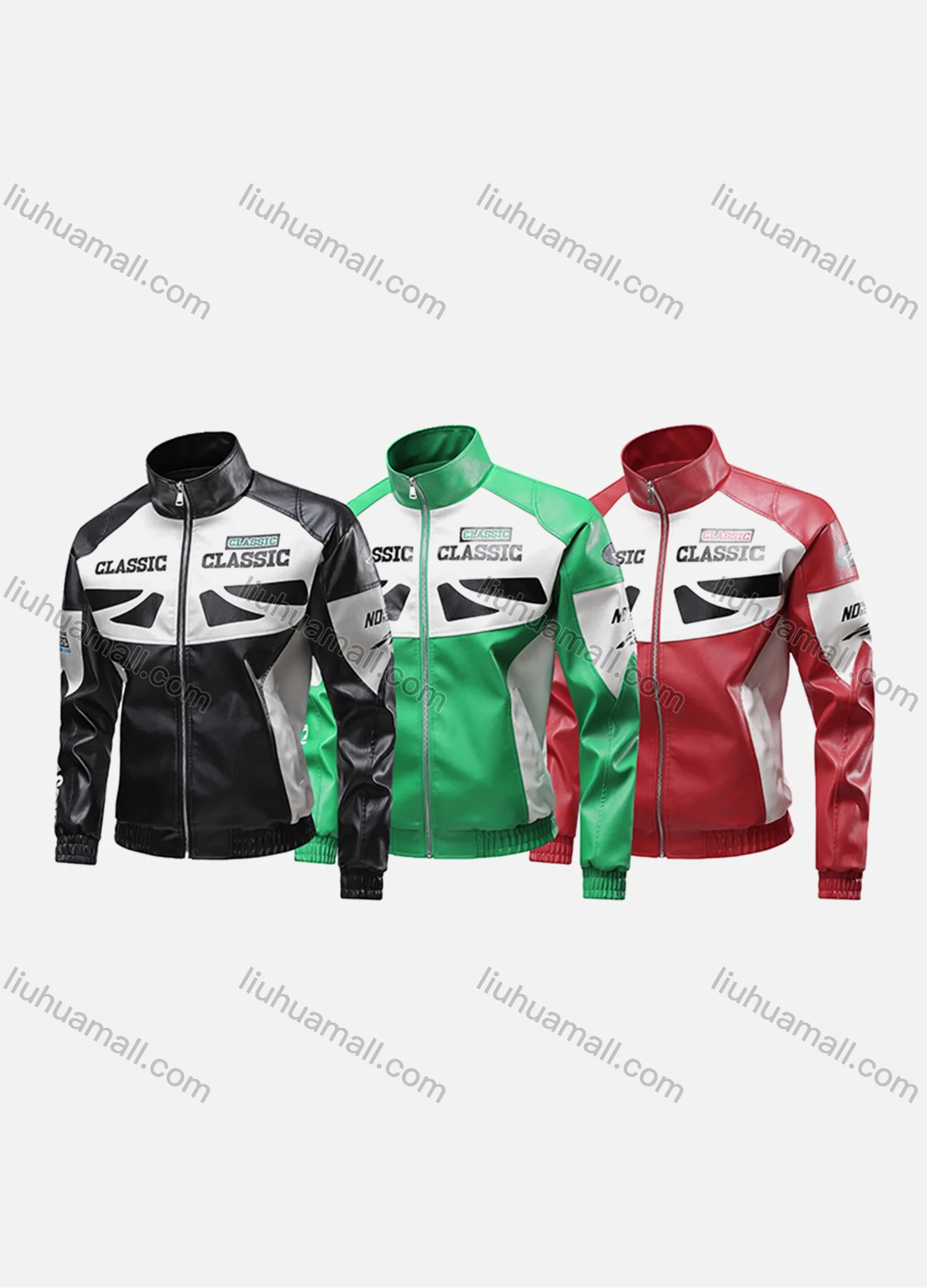 Wholesale Unisex Trendy Letter Colorblock Contrast Stand Collar Long Sleeve Street Patch Pocket Leather Biker Jacket 699# - Liuhuamall
