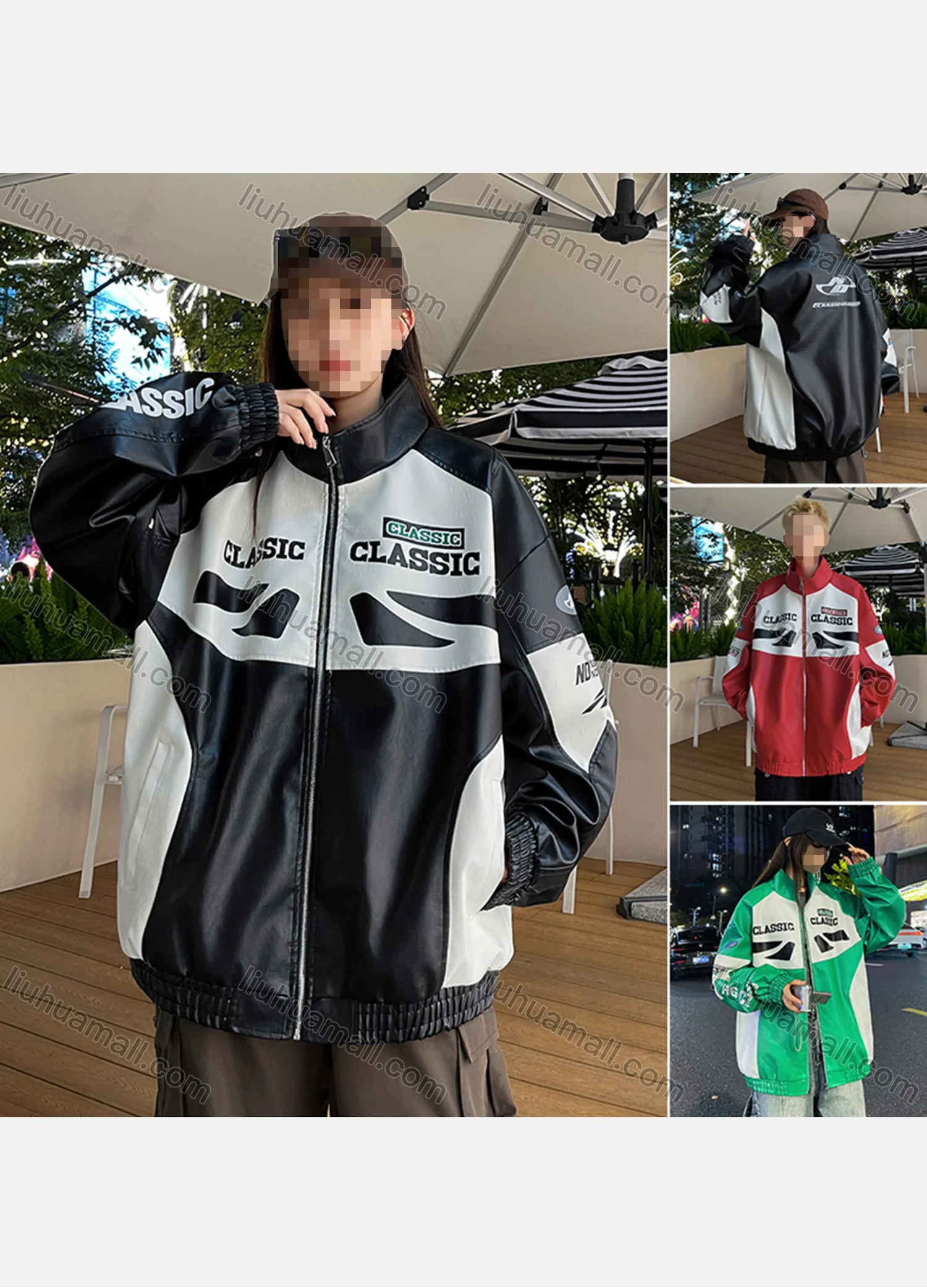 Wholesale Unisex Trendy Letter Colorblock Contrast Stand Collar Long Sleeve Street Patch Pocket Leather Biker Jacket 699# - Liuhuamall