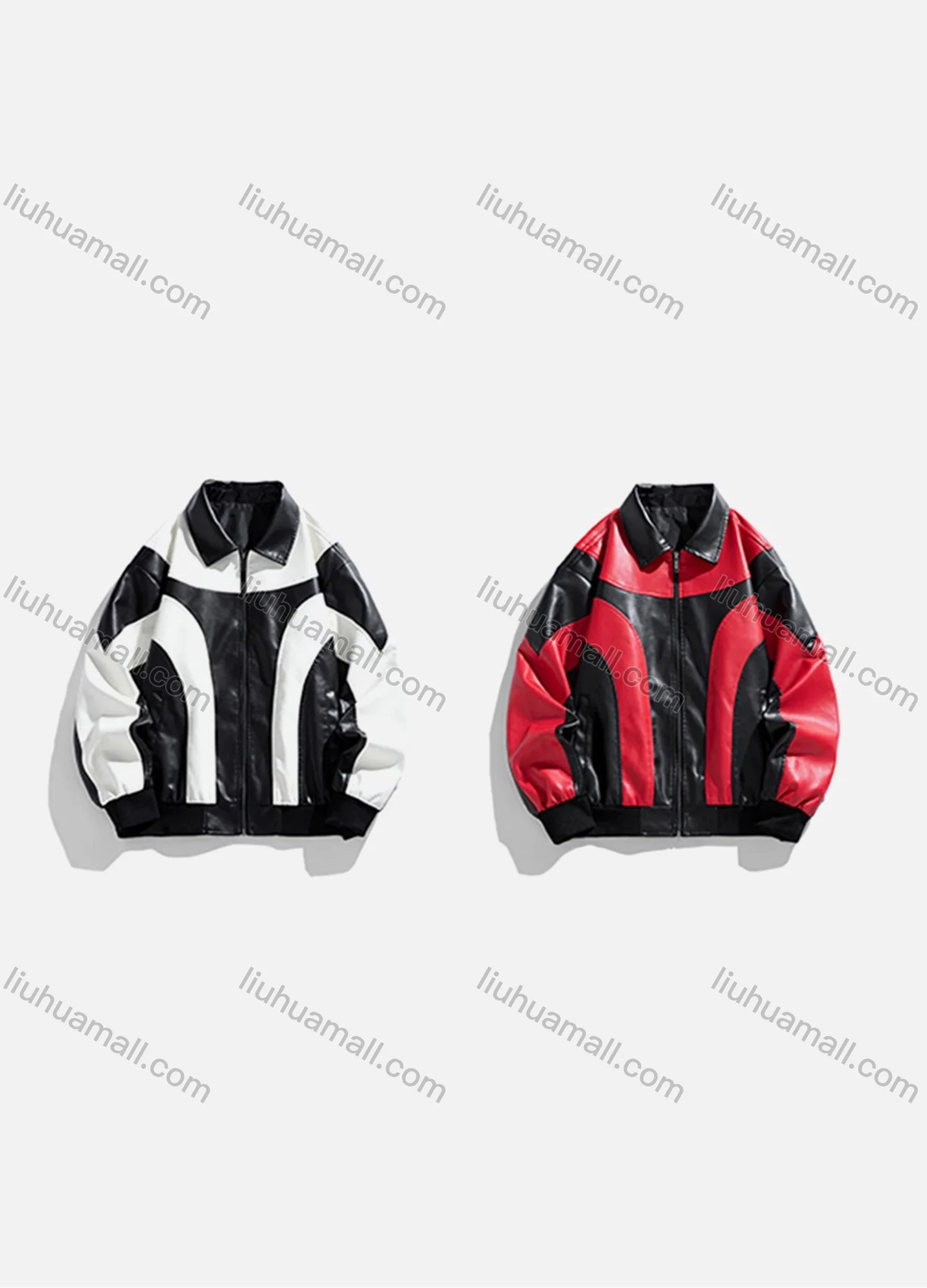 Wholesale Men's Trendy Colorblock Zip Up Contrast Collared Long Sleeve Street Patch Pocket Leather Biker Jacket 906# - Liuhuamall
