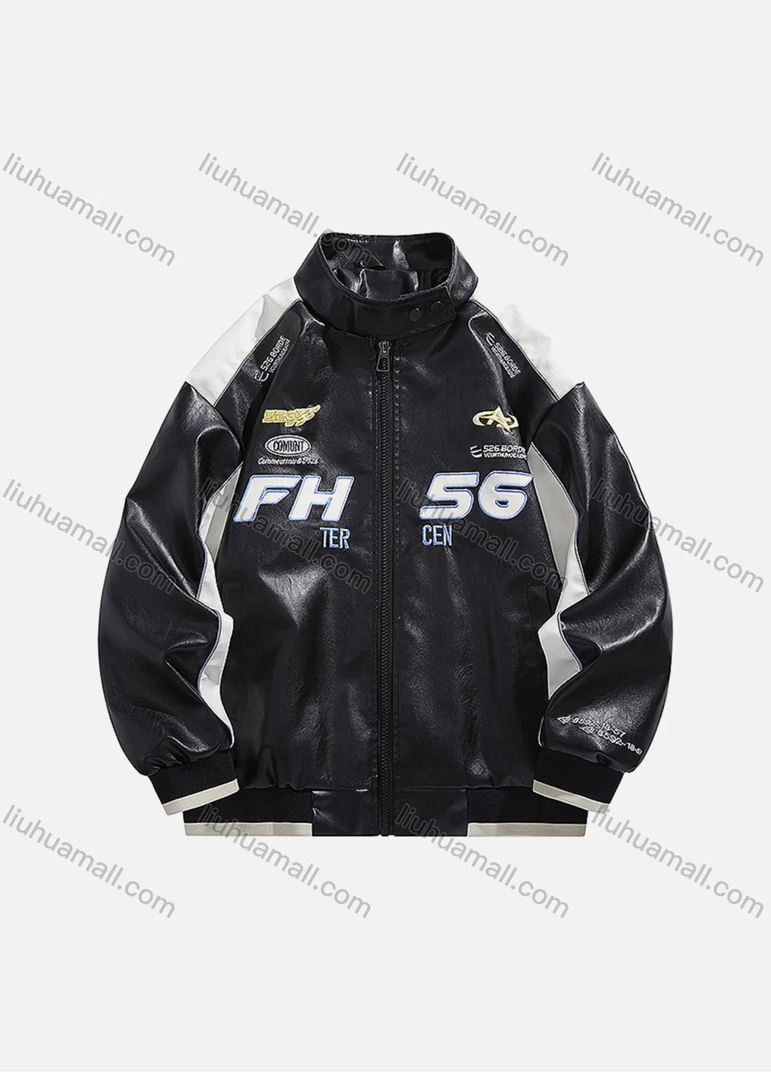 Wholesale Men's Trendy Letter Contrast Stand Collar Long Sleeve Patch Pocket PU Leather Jacket 2566# - Liuhuamall