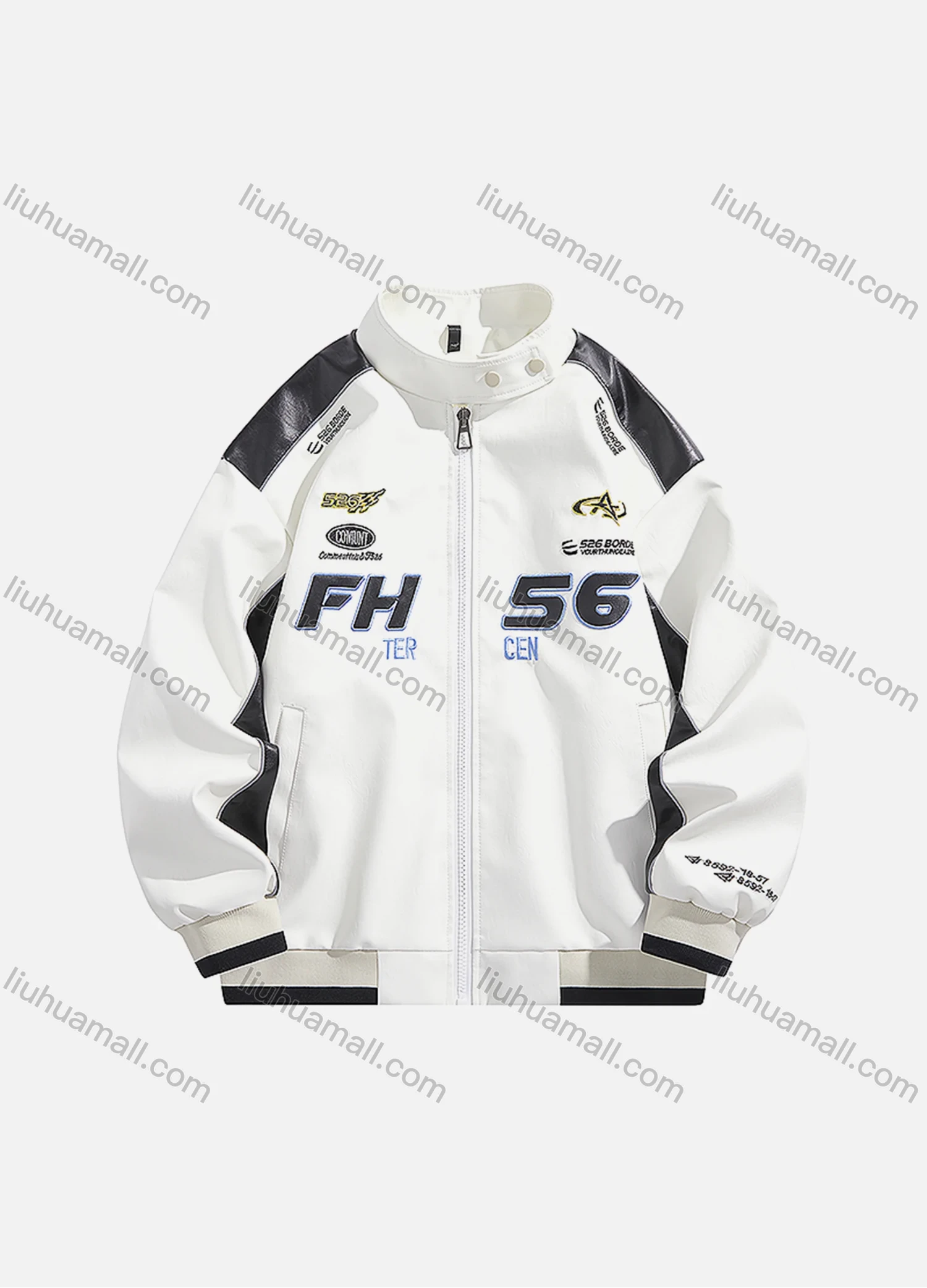 Wholesale Men's Trendy Letter Contrast Stand Collar Long Sleeve Patch Pocket PU Leather Jacket 2566# - Liuhuamall