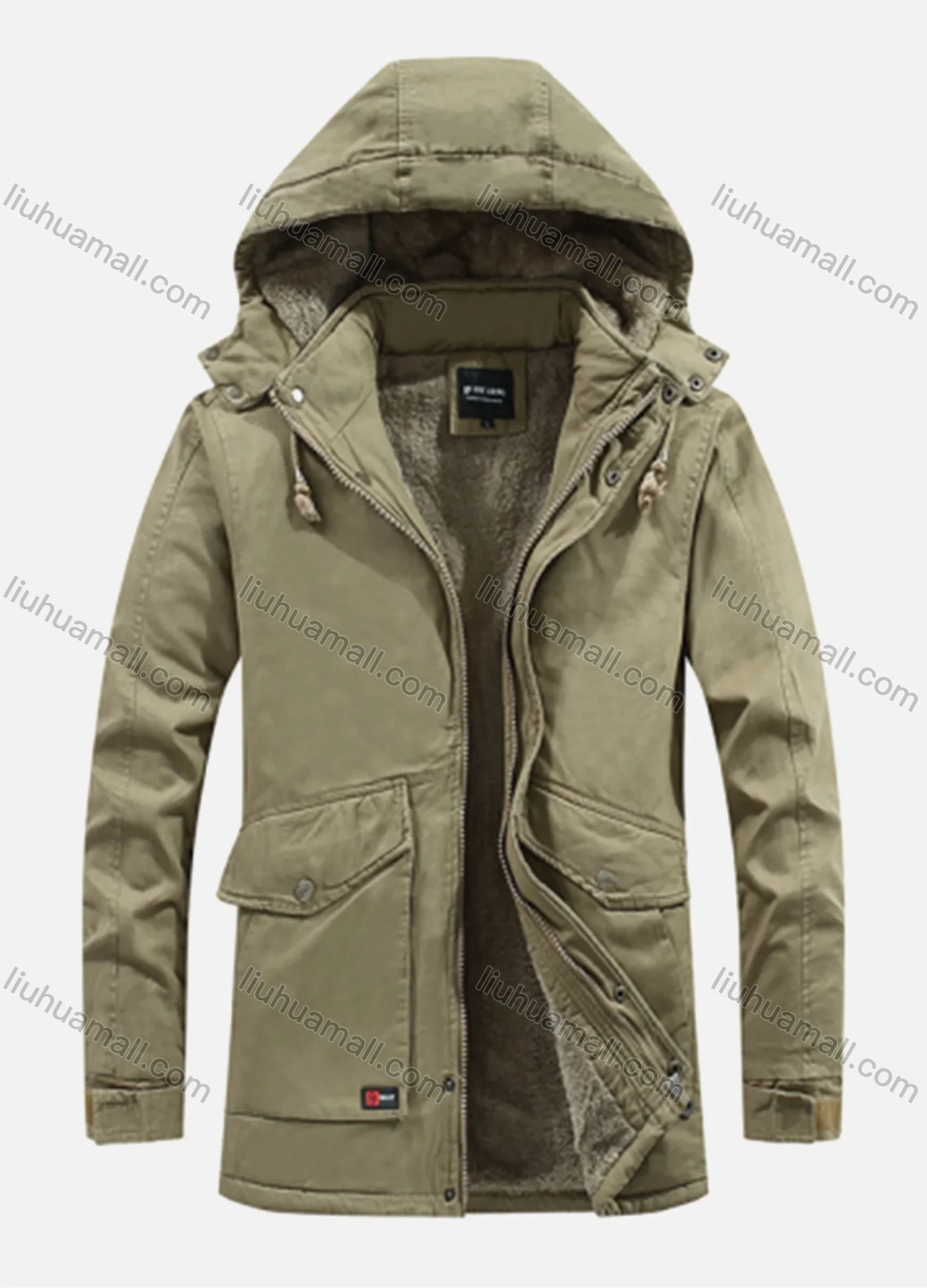 Wholesale Men's Casual Plain Hooded Long Sleeve Flap Pockets Mid Length Wash Thermal Lined Cotton-Padded Jacket 1968# - Liuhuamall
