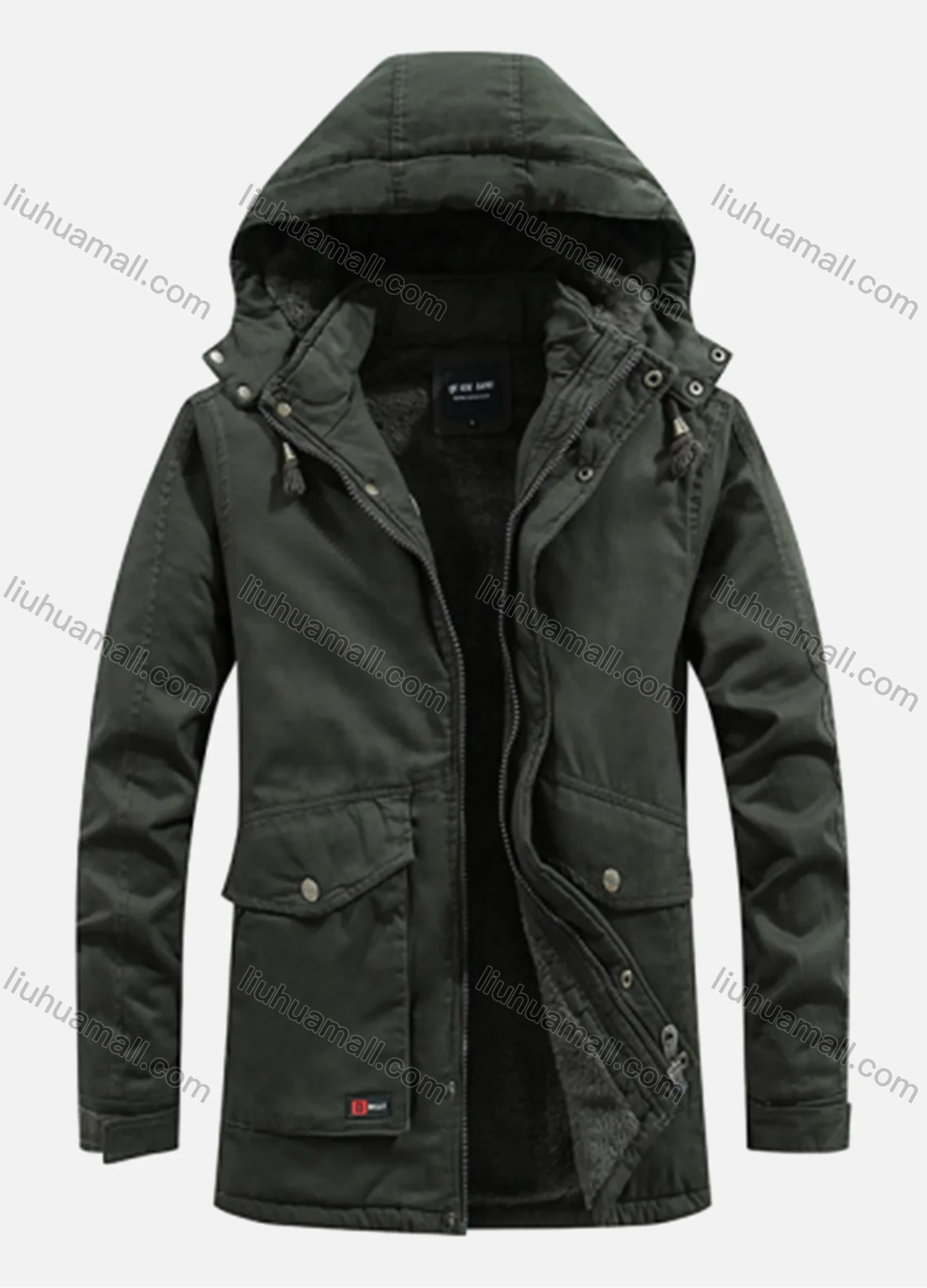 Wholesale Men's Casual Plain Hooded Long Sleeve Flap Pockets Mid Length Wash Thermal Lined Cotton-Padded Jacket 1968# - Liuhuamall