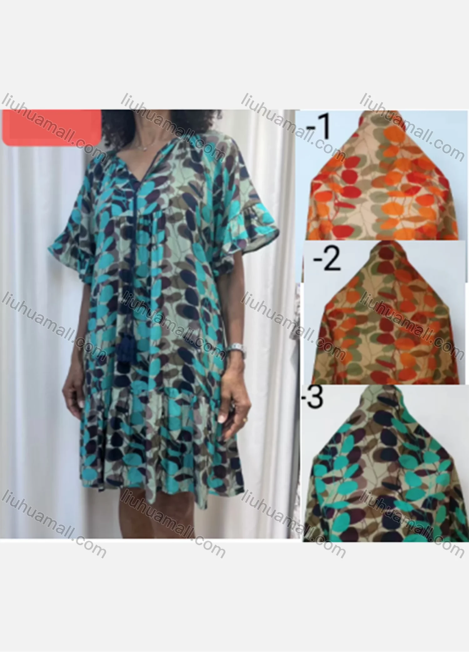 Wholesale Women's Casual Leaf Print V Neck Ruched Ruffle Hem Short Sleeve Woven Knee Length Dress V5418# - Liuhuamall