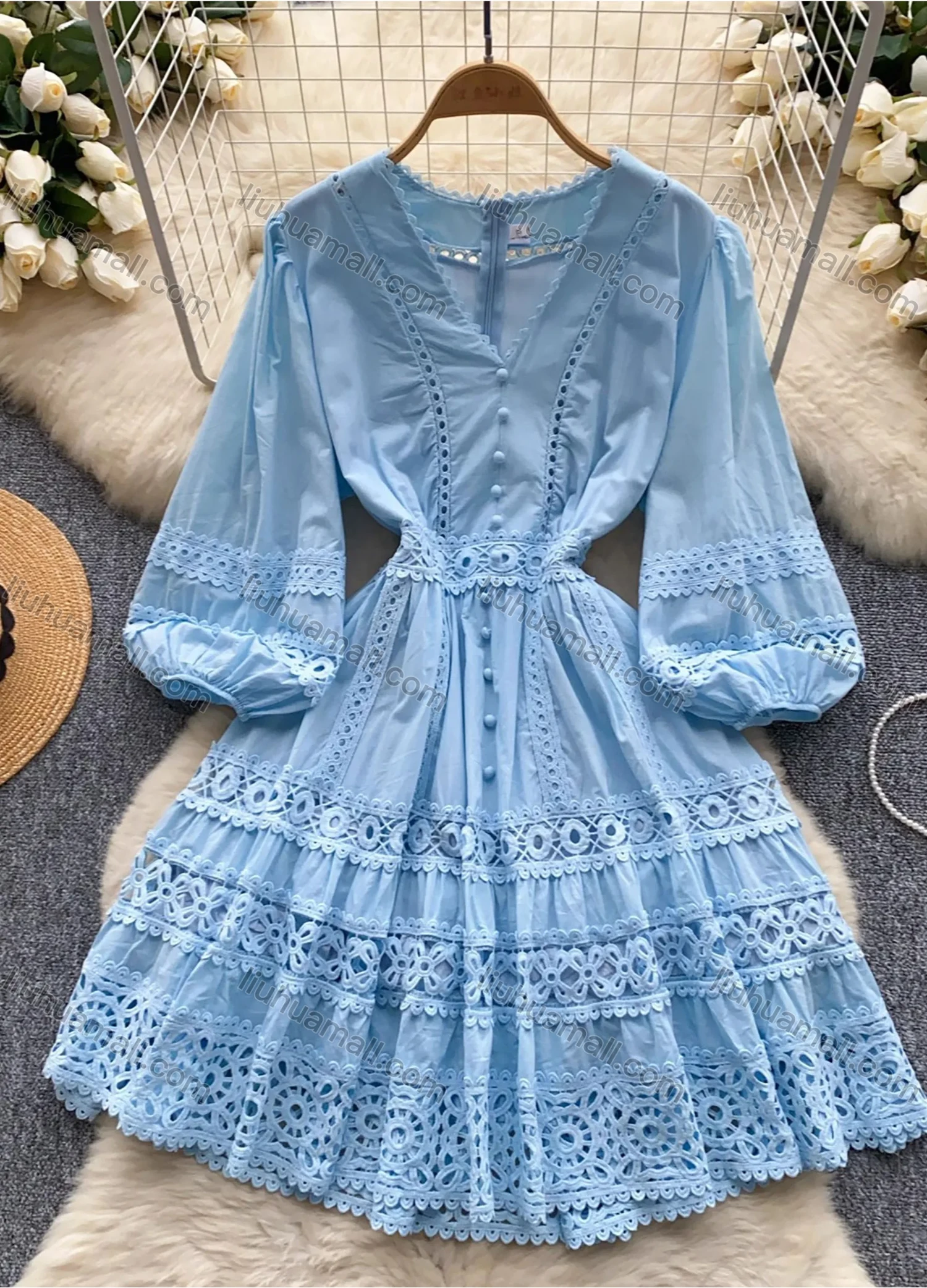 Wholesale Women's Elegant V Neck Plain Lace Trim Ruched Button Decor Eyelet Embroidered Lantern Sleeve Knee Length Dress - Liuhuamall