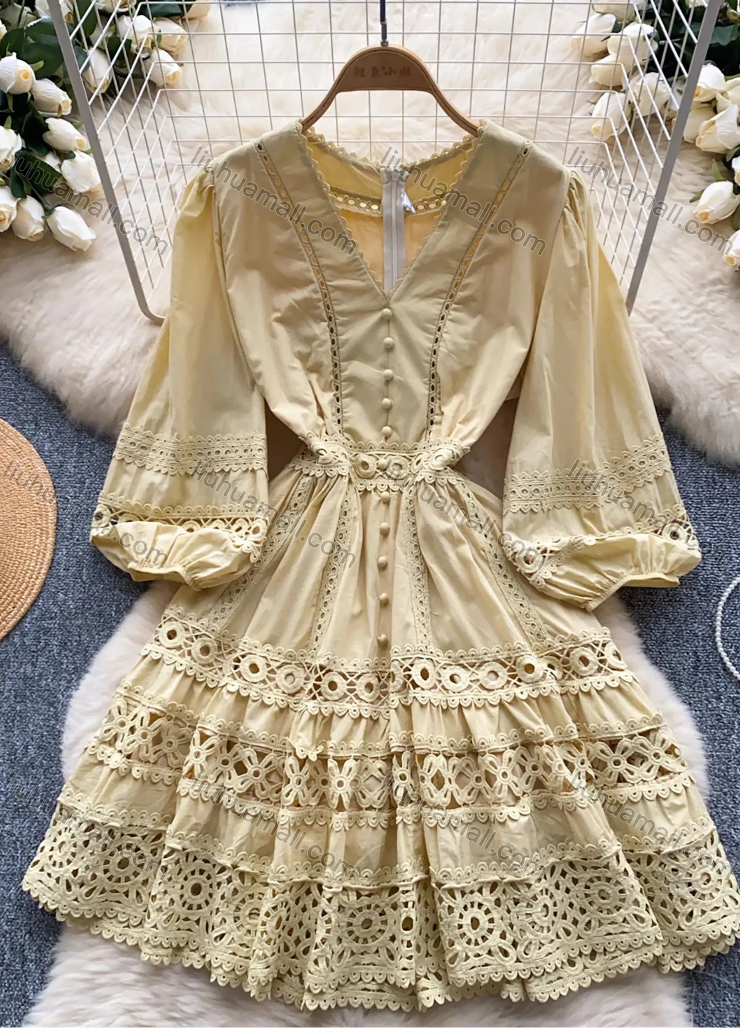 Wholesale Women's Elegant V Neck Plain Lace Trim Ruched Button Decor Eyelet Embroidered Lantern Sleeve Knee Length Dress - Liuhuamall