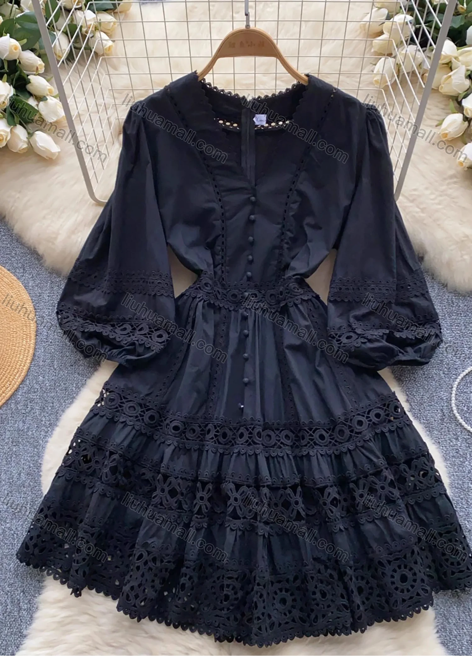Wholesale Women's Elegant V Neck Plain Lace Trim Ruched Button Decor Eyelet Embroidered Lantern Sleeve Knee Length Dress - Liuhuamall