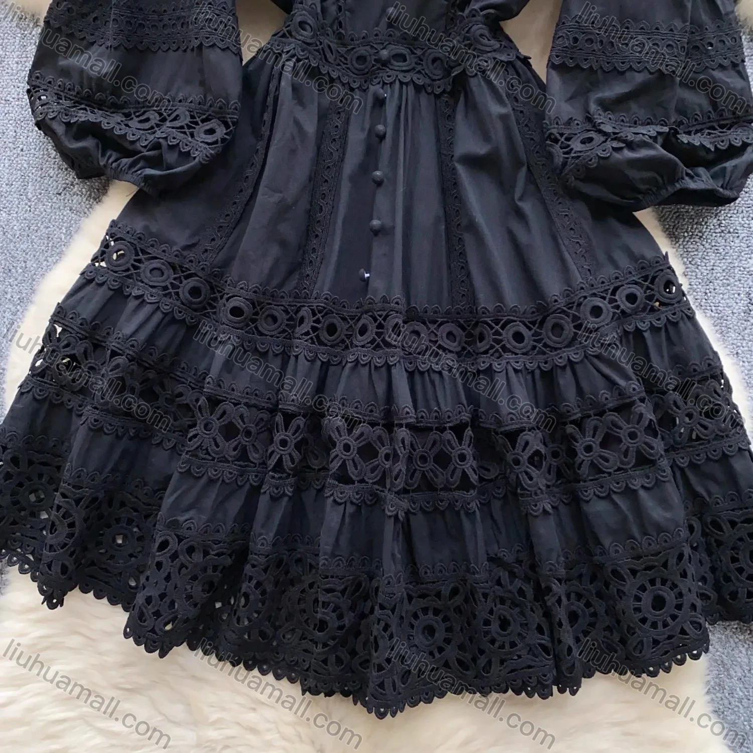 Wholesale Women's Elegant V Neck Plain Lace Trim Ruched Button Decor Eyelet Embroidered Lantern Sleeve Knee Length Dress - Liuhuamall
