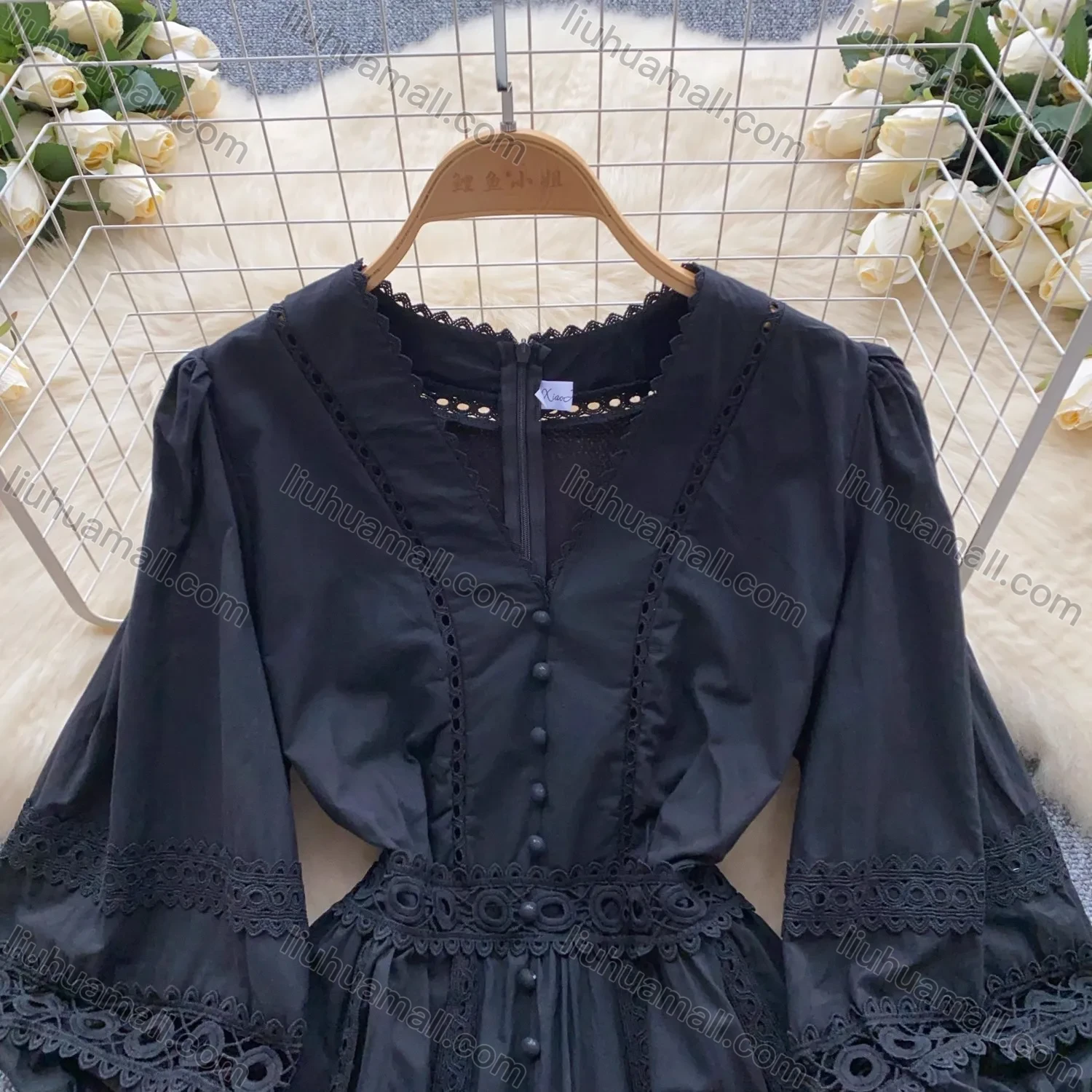 Wholesale Women's Elegant V Neck Plain Lace Trim Ruched Button Decor Eyelet Embroidered Lantern Sleeve Knee Length Dress - Liuhuamall