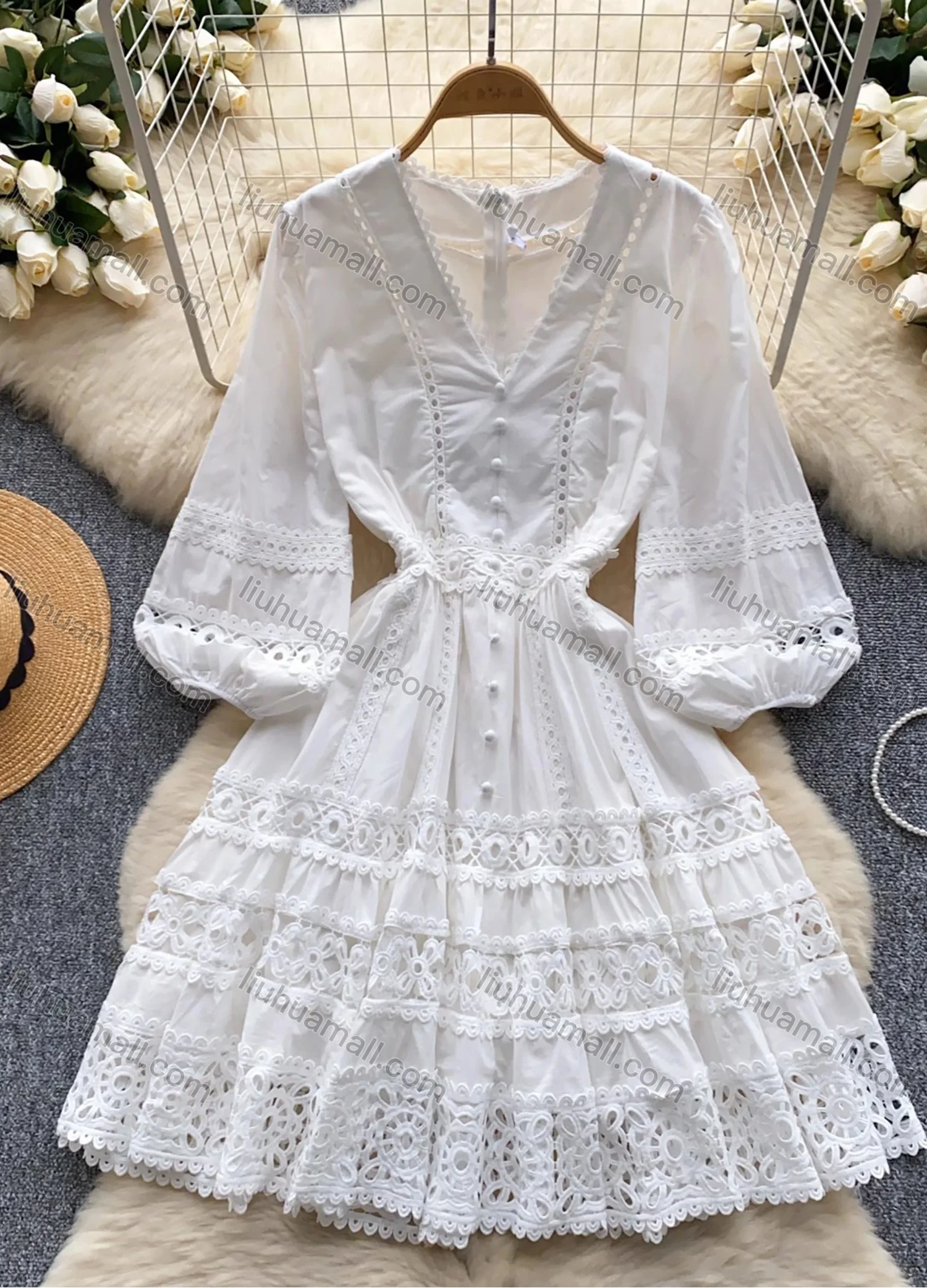 Wholesale Women's Elegant V Neck Plain Lace Trim Ruched Button Decor Eyelet Embroidered Lantern Sleeve Knee Length Dress - Liuhuamall