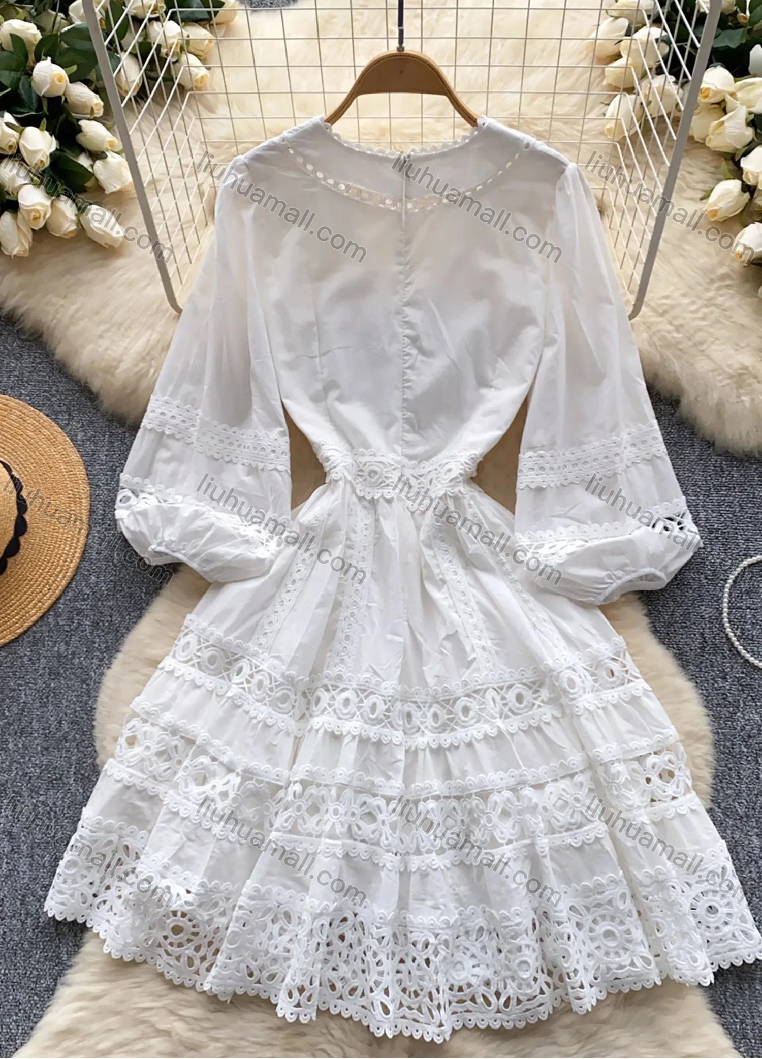 Wholesale Women's Elegant V Neck Plain Lace Trim Ruched Button Decor Eyelet Embroidered Lantern Sleeve Knee Length Dress - Liuhuamall
