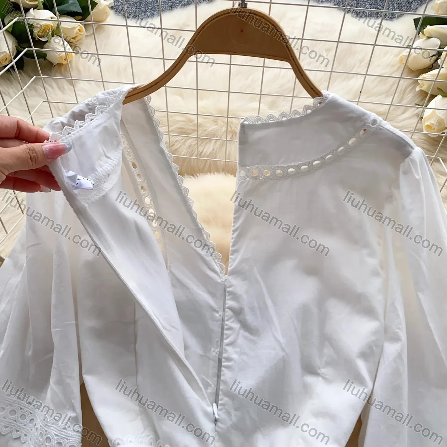 Wholesale Women's Elegant V Neck Plain Lace Trim Ruched Button Decor Eyelet Embroidered Lantern Sleeve Knee Length Dress - Liuhuamall