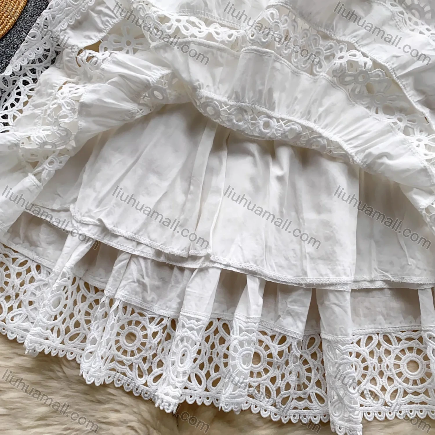 Wholesale Women's Elegant V Neck Plain Lace Trim Ruched Button Decor Eyelet Embroidered Lantern Sleeve Knee Length Dress - Liuhuamall