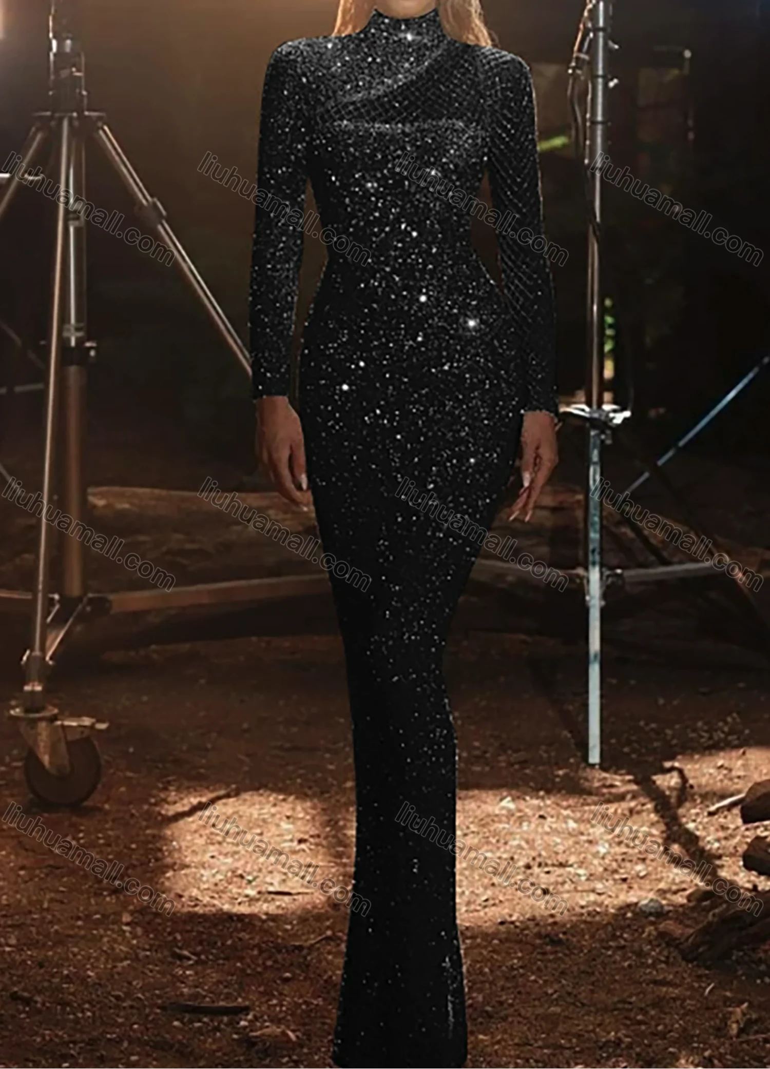 Wholesale Women's Elegant Stand Collar Plain Sequin Splicing Hollow Out Long Sleeve Bodycon Evening Maxi Dress - Liuhuamall