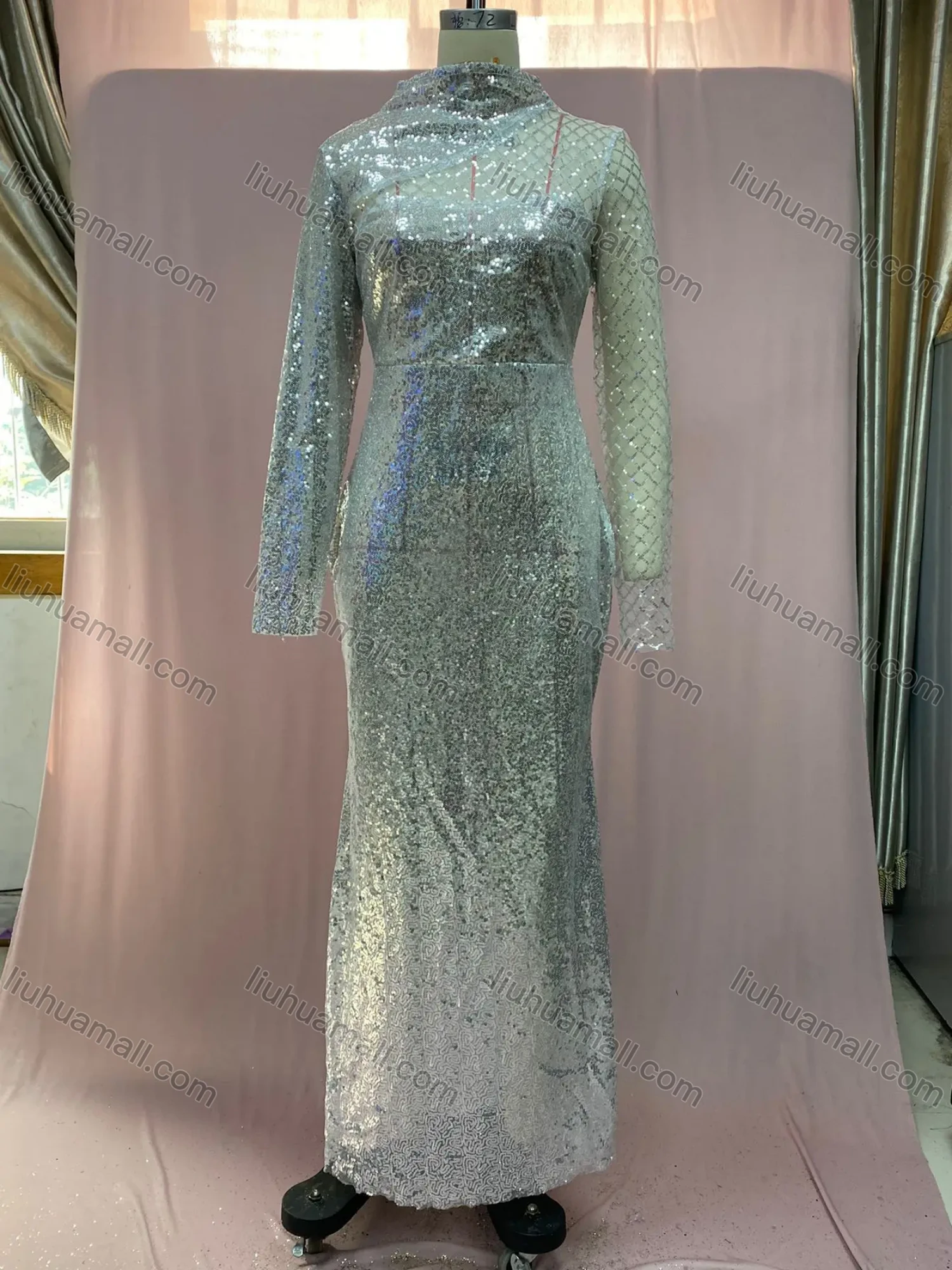 Wholesale Women's Elegant Stand Collar Plain Sequin Splicing Hollow Out Long Sleeve Bodycon Evening Maxi Dress - Liuhuamall