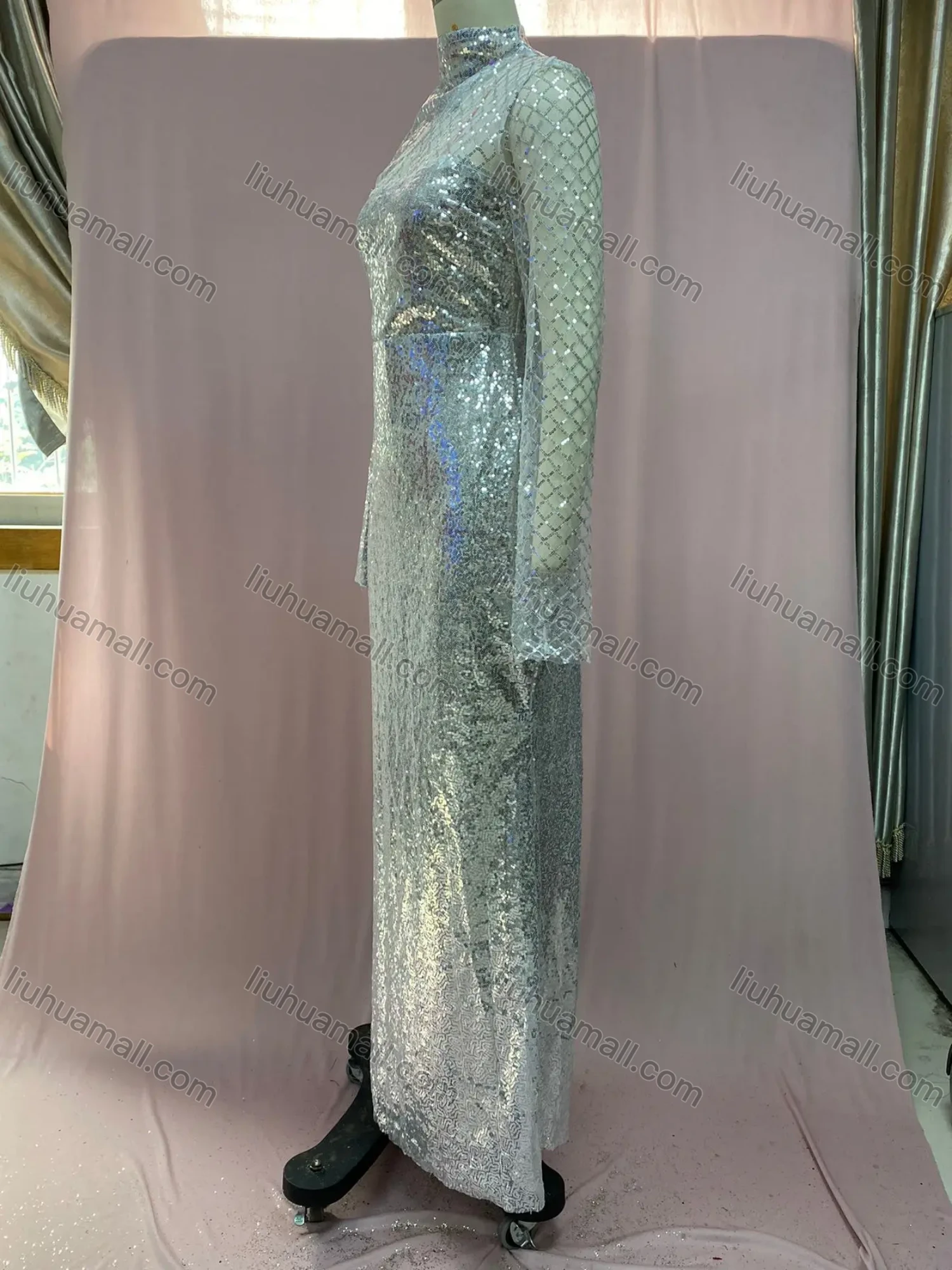 Wholesale Women's Elegant Stand Collar Plain Sequin Splicing Hollow Out Long Sleeve Bodycon Evening Maxi Dress - Liuhuamall