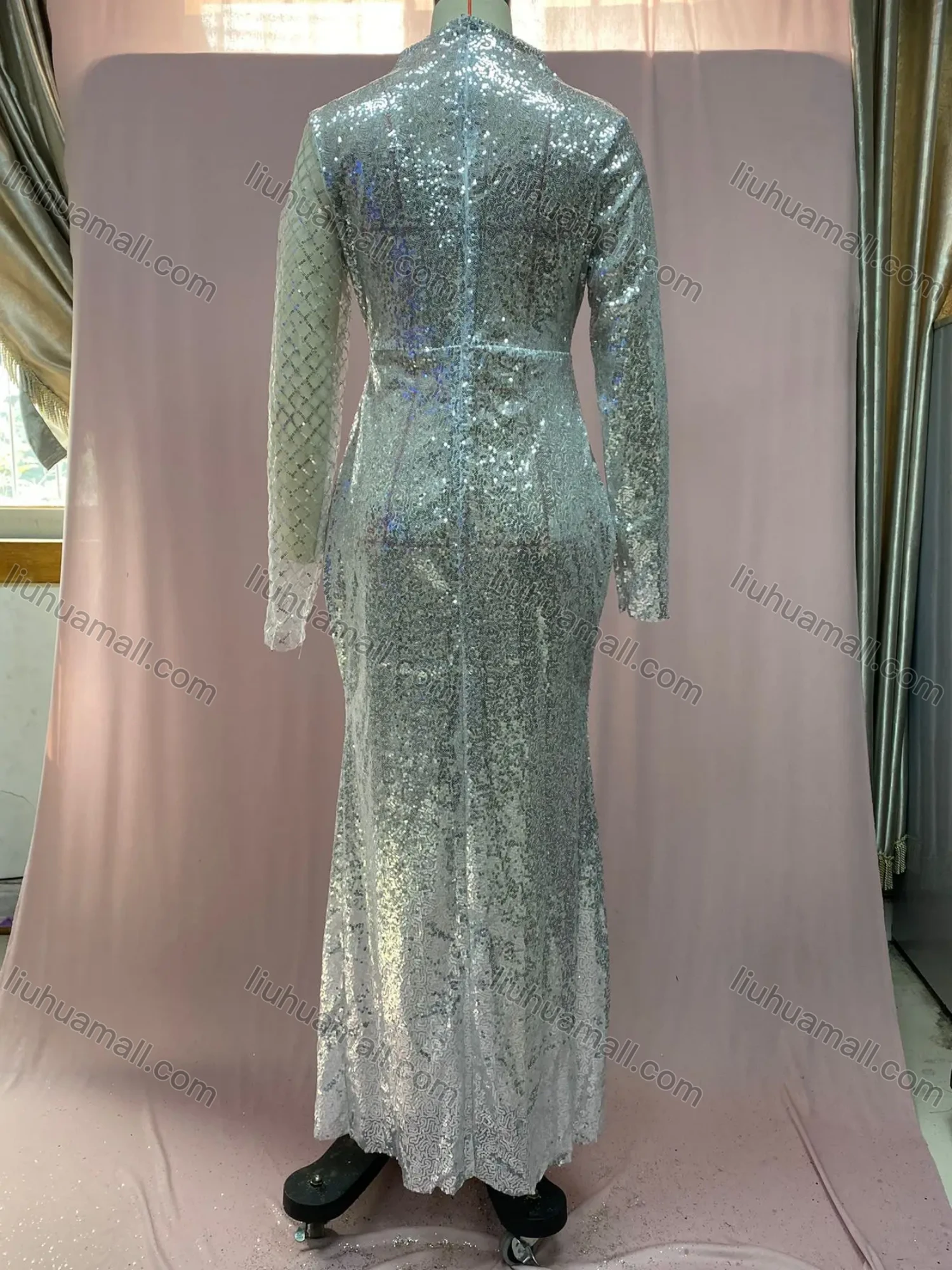 Wholesale Women's Elegant Stand Collar Plain Sequin Splicing Hollow Out Long Sleeve Bodycon Evening Maxi Dress - Liuhuamall