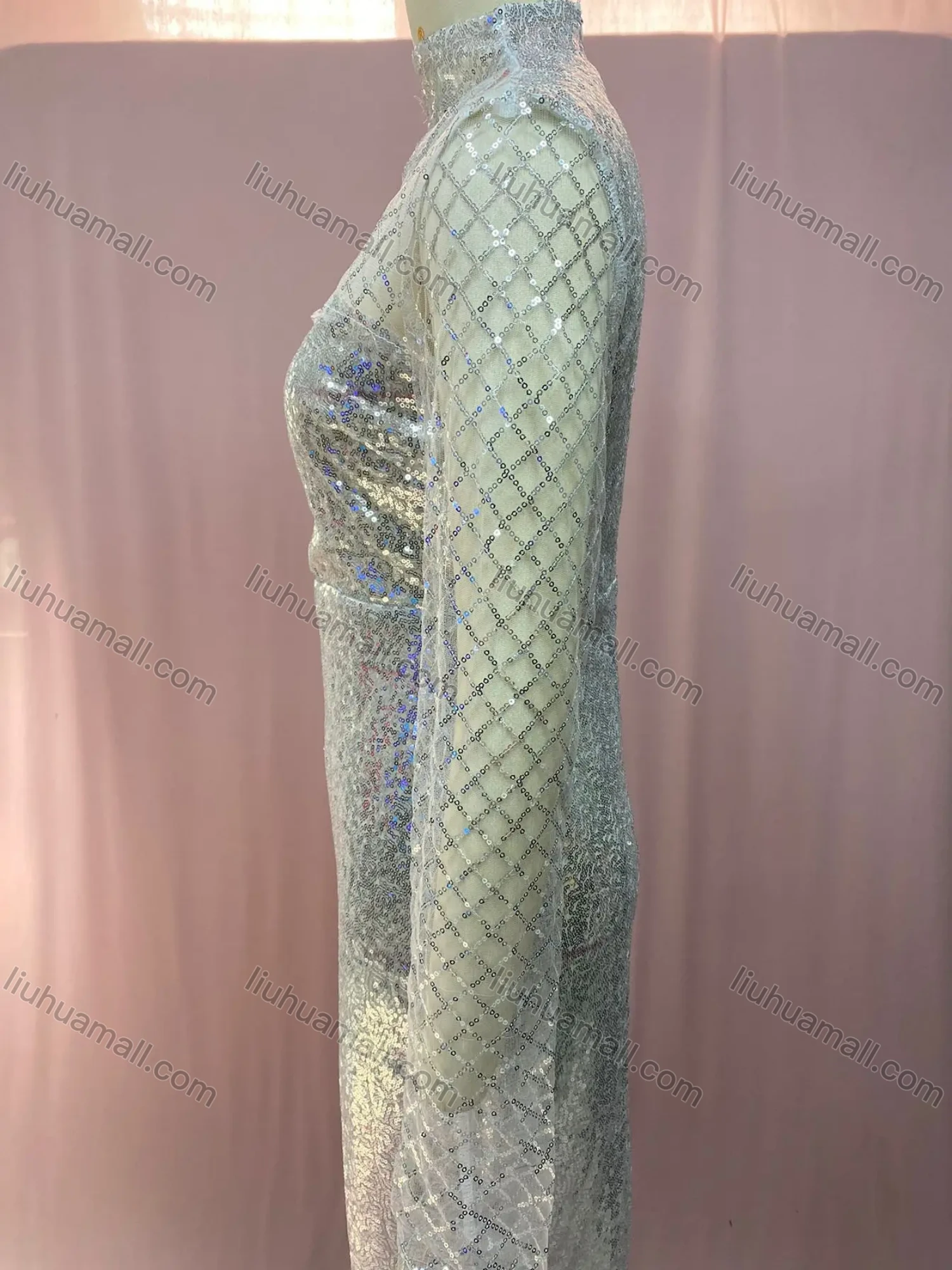 Wholesale Women's Elegant Stand Collar Plain Sequin Splicing Hollow Out Long Sleeve Bodycon Evening Maxi Dress - Liuhuamall