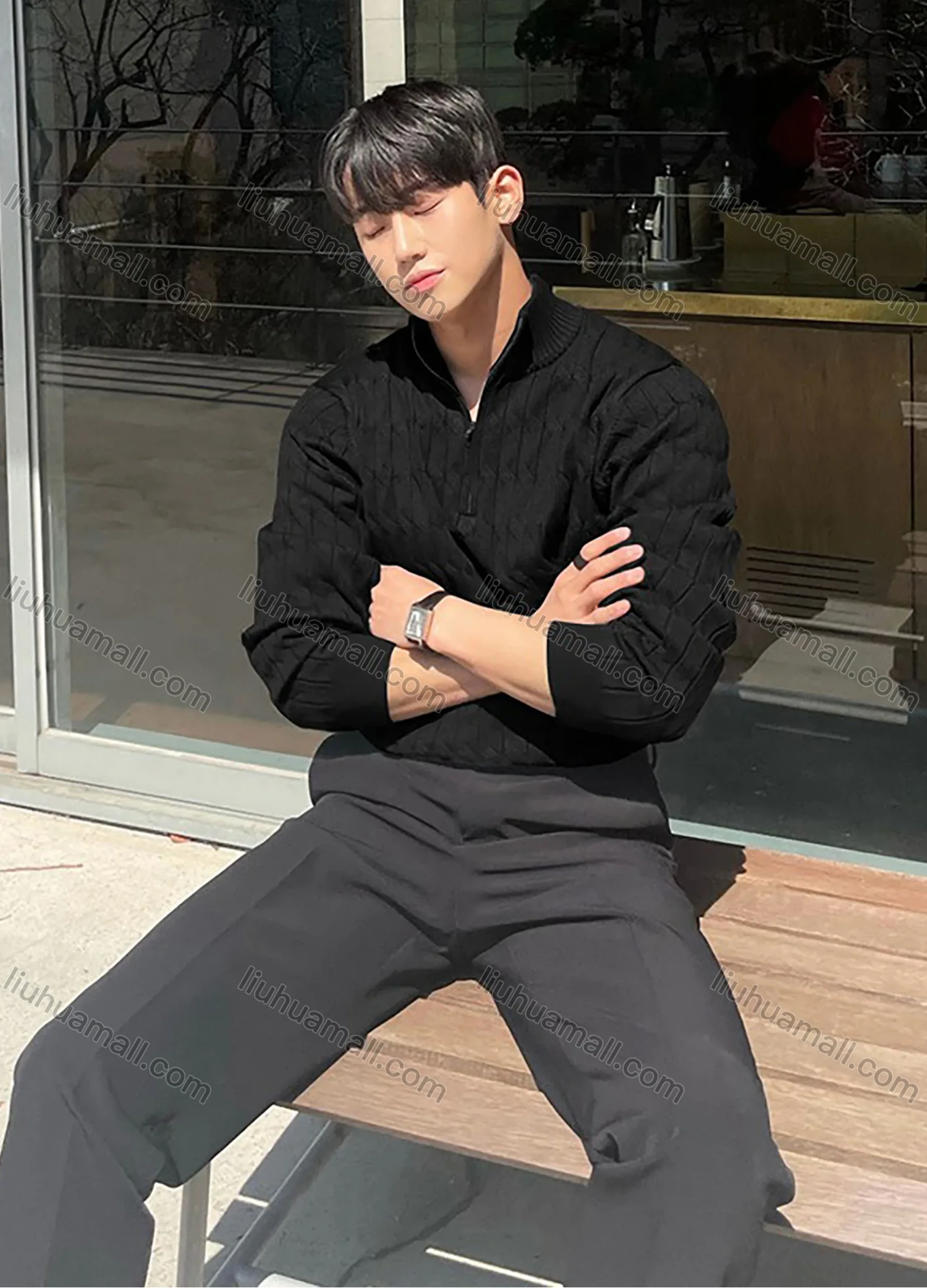 Wholesale Men's Casual Plain Long Sleeve Stand Collar Quarter Zip Texture Cable Knit Sweater - Liuhuamall
