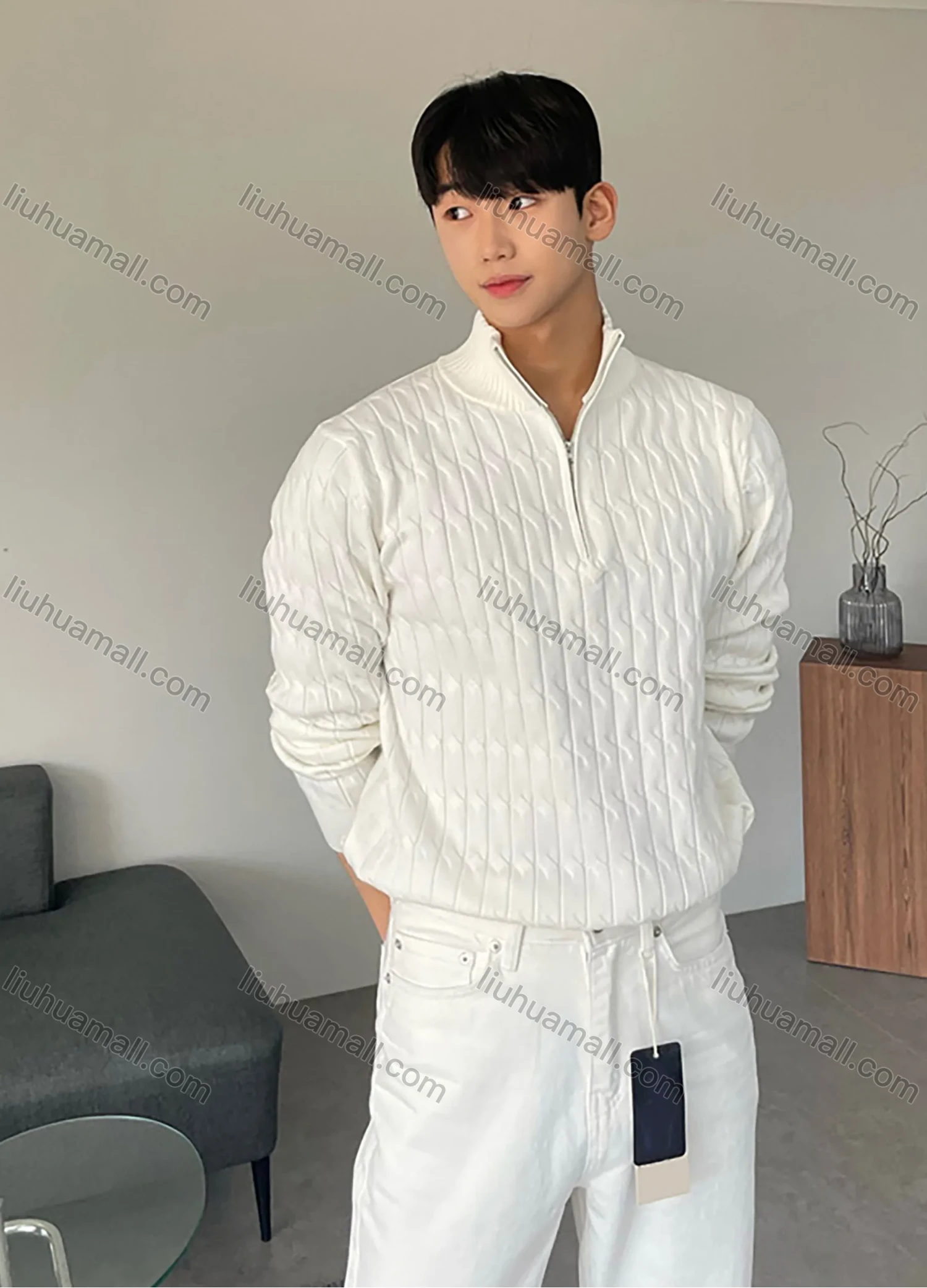 Wholesale Men's Casual Plain Long Sleeve Stand Collar Quarter Zip Texture Cable Knit Sweater - Liuhuamall