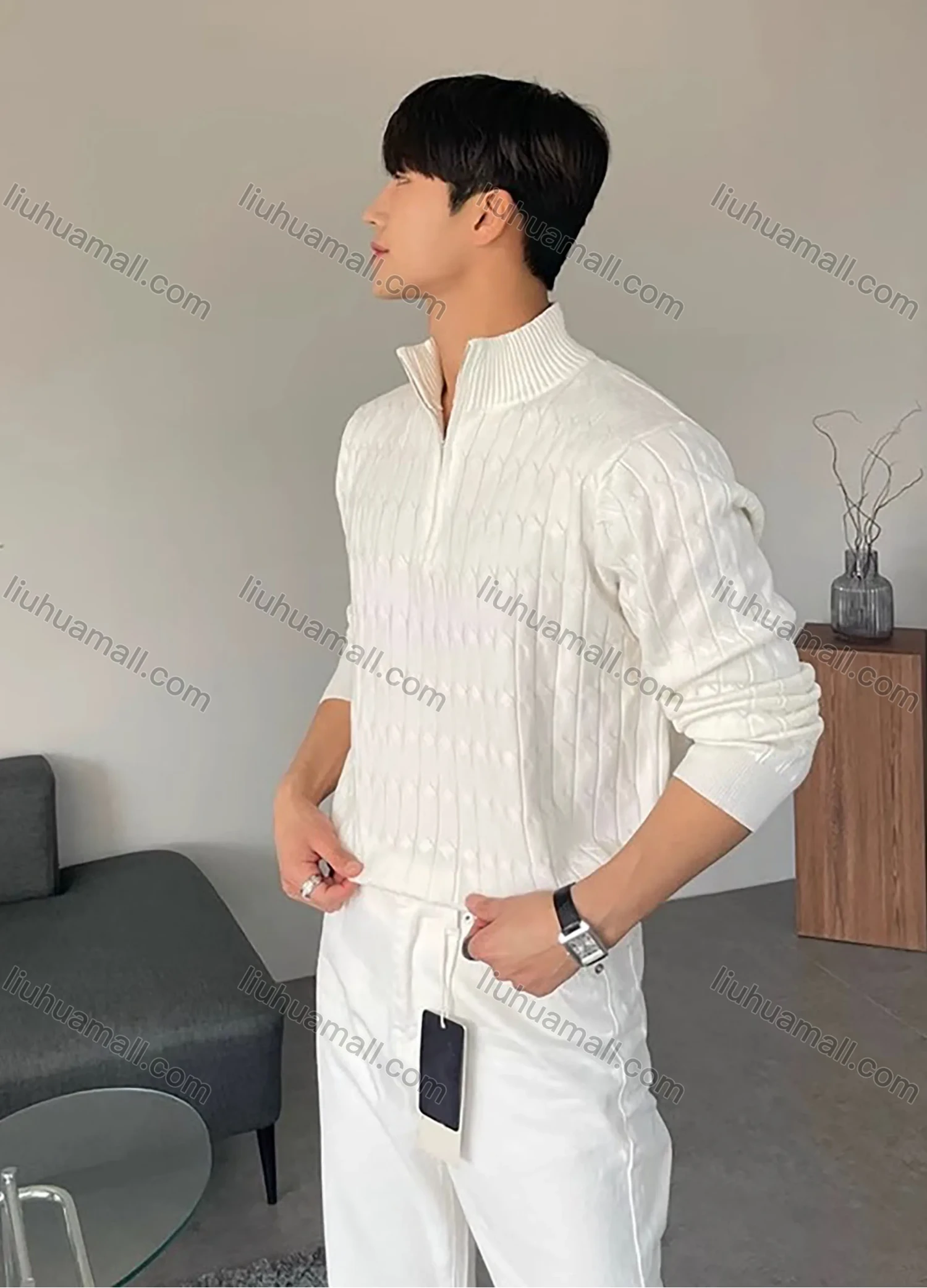 Wholesale Men's Casual Plain Long Sleeve Stand Collar Quarter Zip Texture Cable Knit Sweater - Liuhuamall