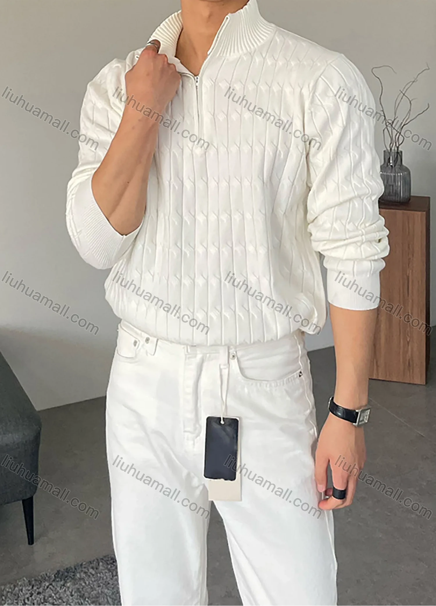 Wholesale Men's Casual Plain Long Sleeve Stand Collar Quarter Zip Texture Cable Knit Sweater - Liuhuamall