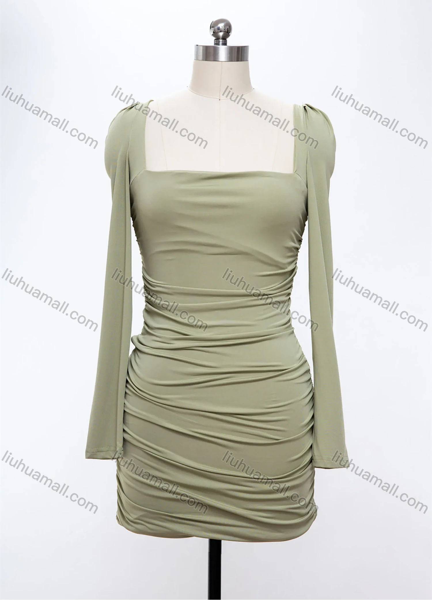 Wholesale Women's Elegant Square Neck Long Sleeve Ruched Backless Lace Up Bodycon Mini Dress - Liuhuamall