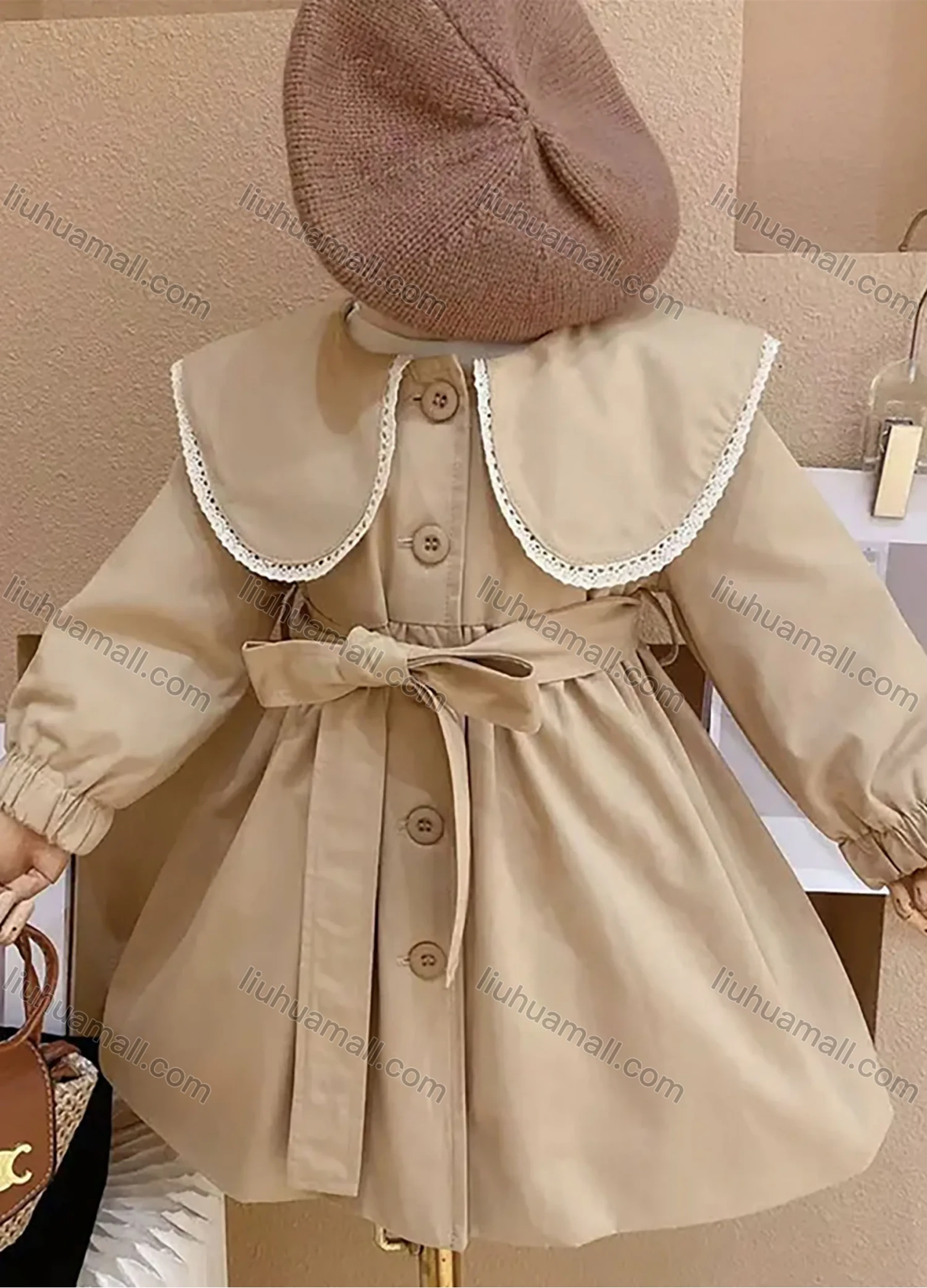 Wholesale Girls Lovely Peter Pan Collar Plain Ruched Long Sleeve Button Down Dress With Belt - Liuhuamall