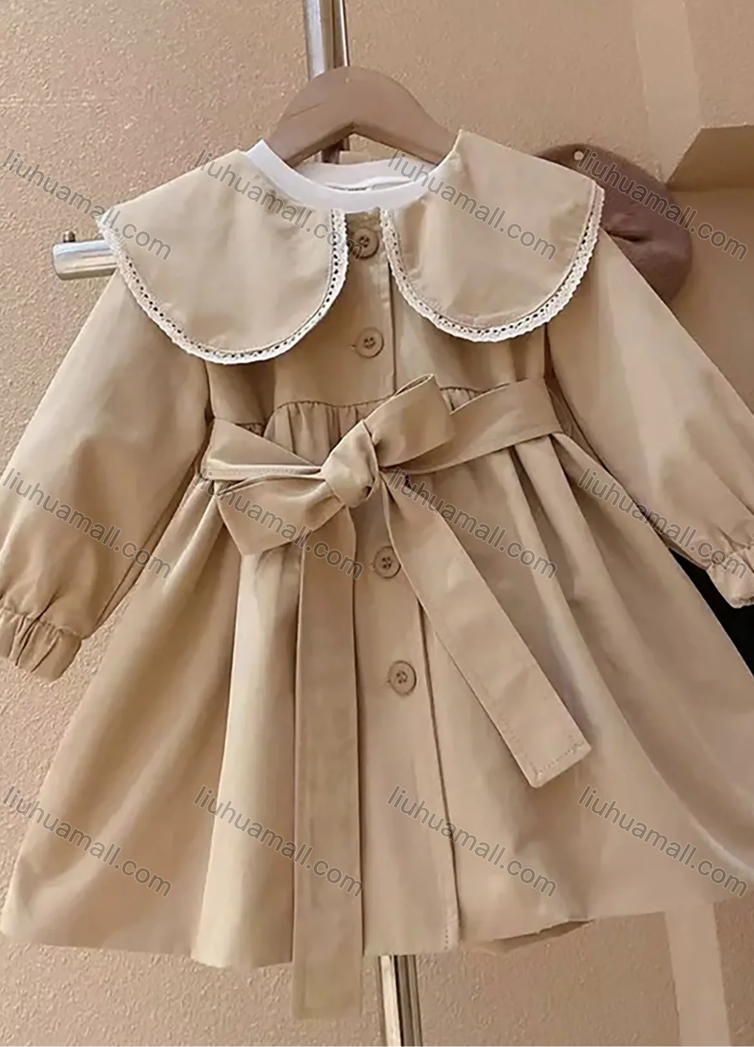 Wholesale Girls Lovely Peter Pan Collar Plain Ruched Long Sleeve Button Down Dress With Belt - Liuhuamall