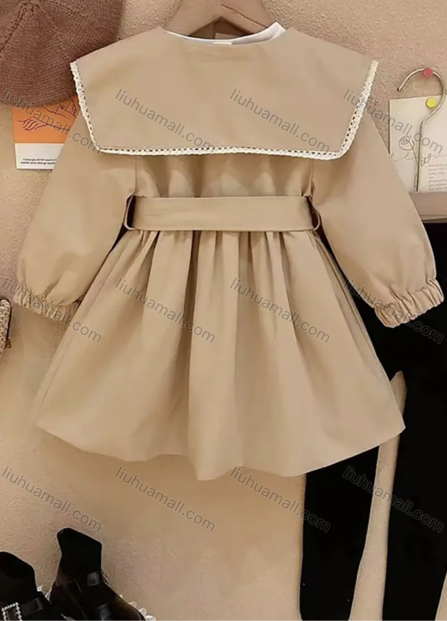 Wholesale Girls Lovely Peter Pan Collar Plain Ruched Long Sleeve Button Down Dress With Belt - Liuhuamall