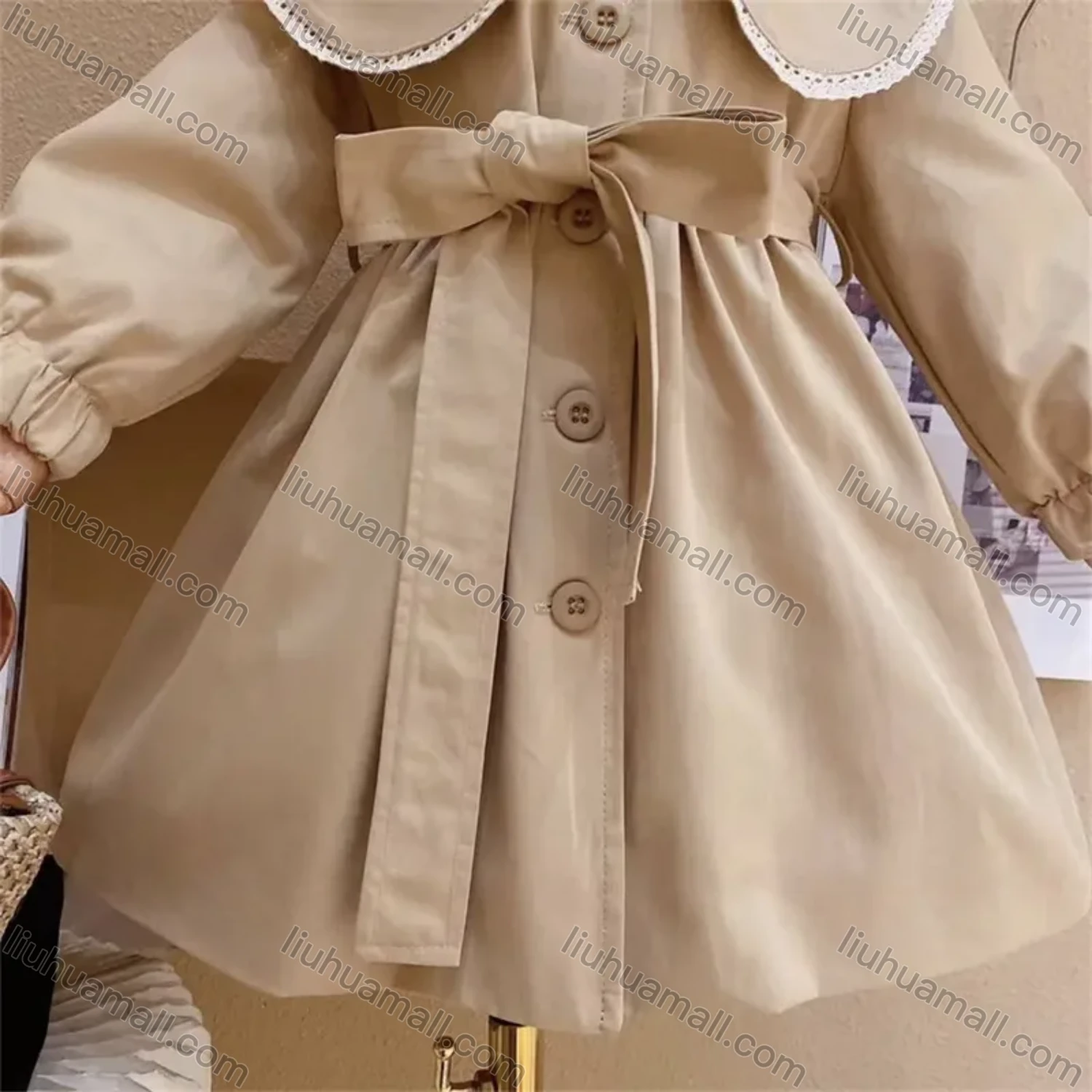 Wholesale Girls Lovely Peter Pan Collar Plain Ruched Long Sleeve Button Down Dress With Belt - Liuhuamall