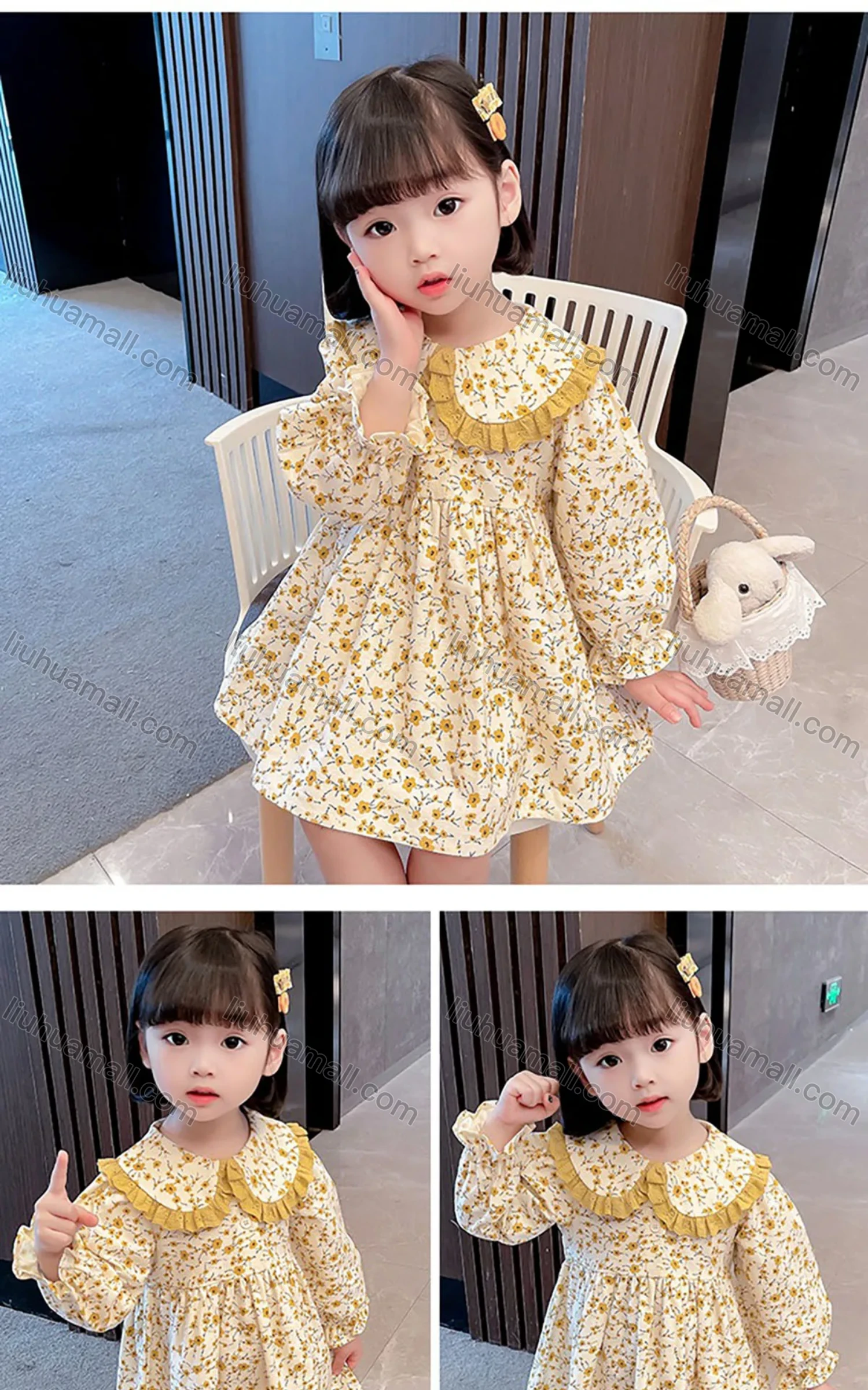 Wholesale Girls Lovely Peter Pan Collar Ditsy Floral Long Sleeve Ruched Pleated Dress - Liuhuamall