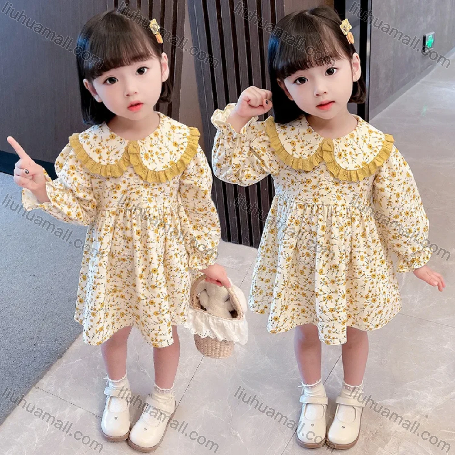 Wholesale Girls Lovely Peter Pan Collar Ditsy Floral Long Sleeve Ruched Pleated Dress - Liuhuamall
