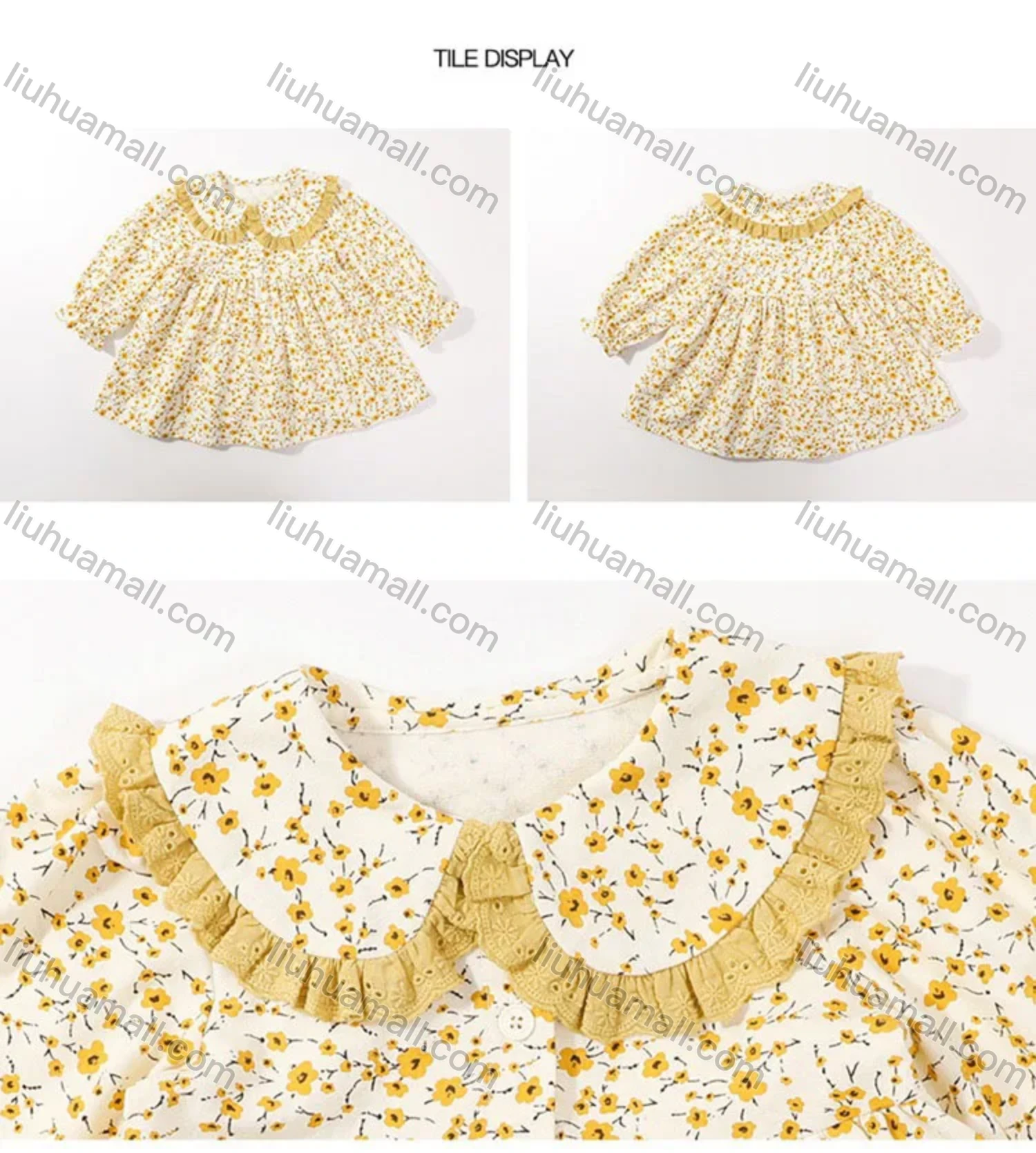 Wholesale Girls Lovely Peter Pan Collar Ditsy Floral Long Sleeve Ruched Pleated Dress - Liuhuamall